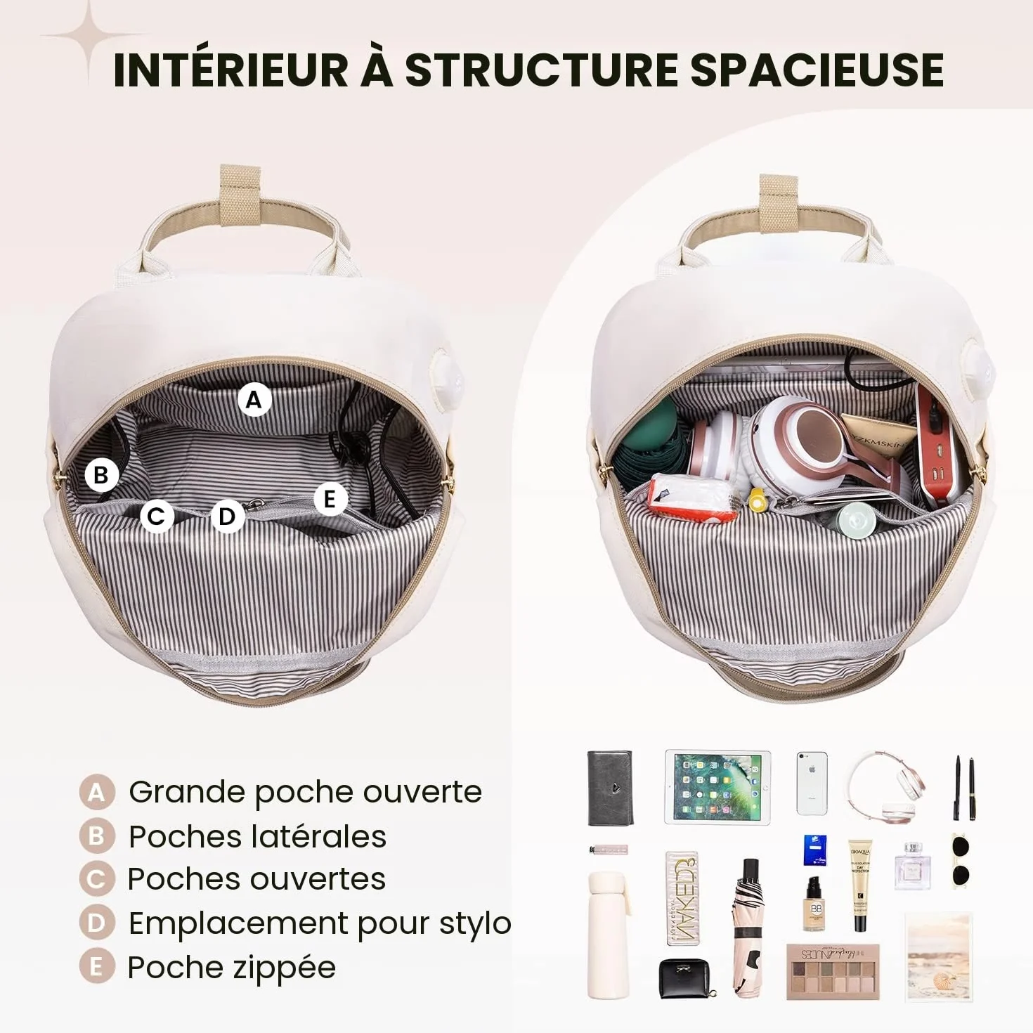 LOVEVOOK Petit Sac à Dos Femme, Mini Sac à Main Imperméable Antivol avec Port USB, Kaki Beige