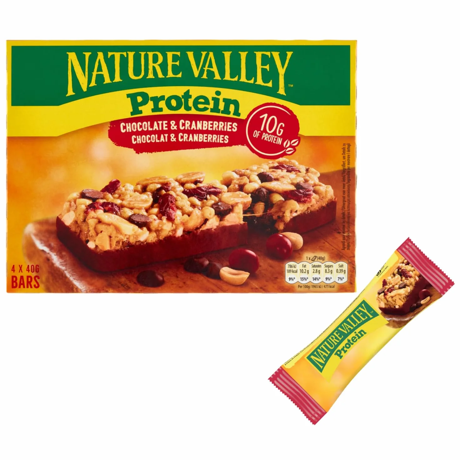 Nature Valley® | Barres souples | Snack au chocolat et aux canneberges | Snack au chocolat et aux canneberges - 4 barres | Collations protéinées