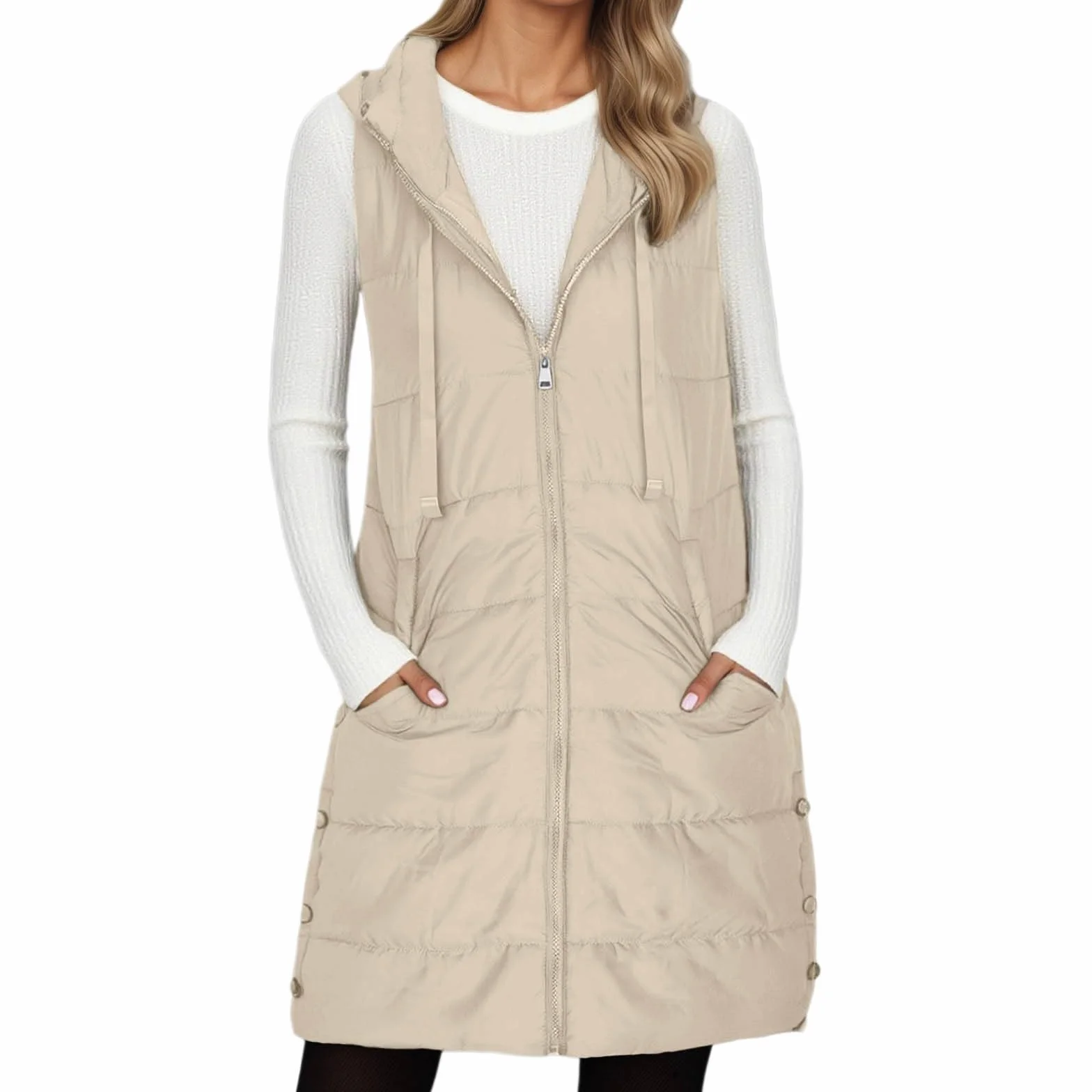 Femme Doudoune sans Manches Capuche Longue Gilet Ultra Chaud Légère Veste Zippée Hiver Waistcoat Poches