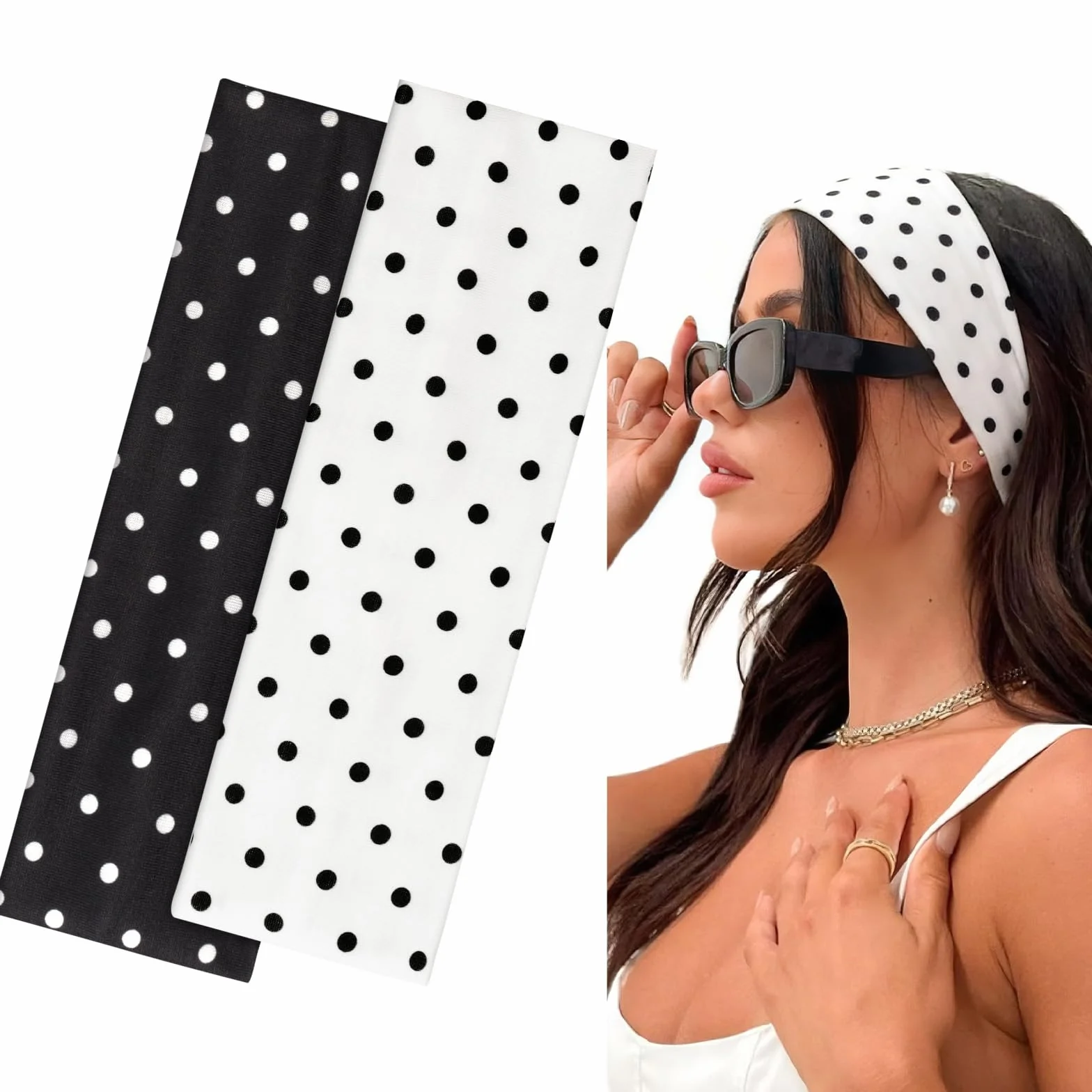 Bandeau Cheveux Sport 7cm Headband Élastique Antidérapant Yoga Running Fitness (Pois Noirs et Blancs)