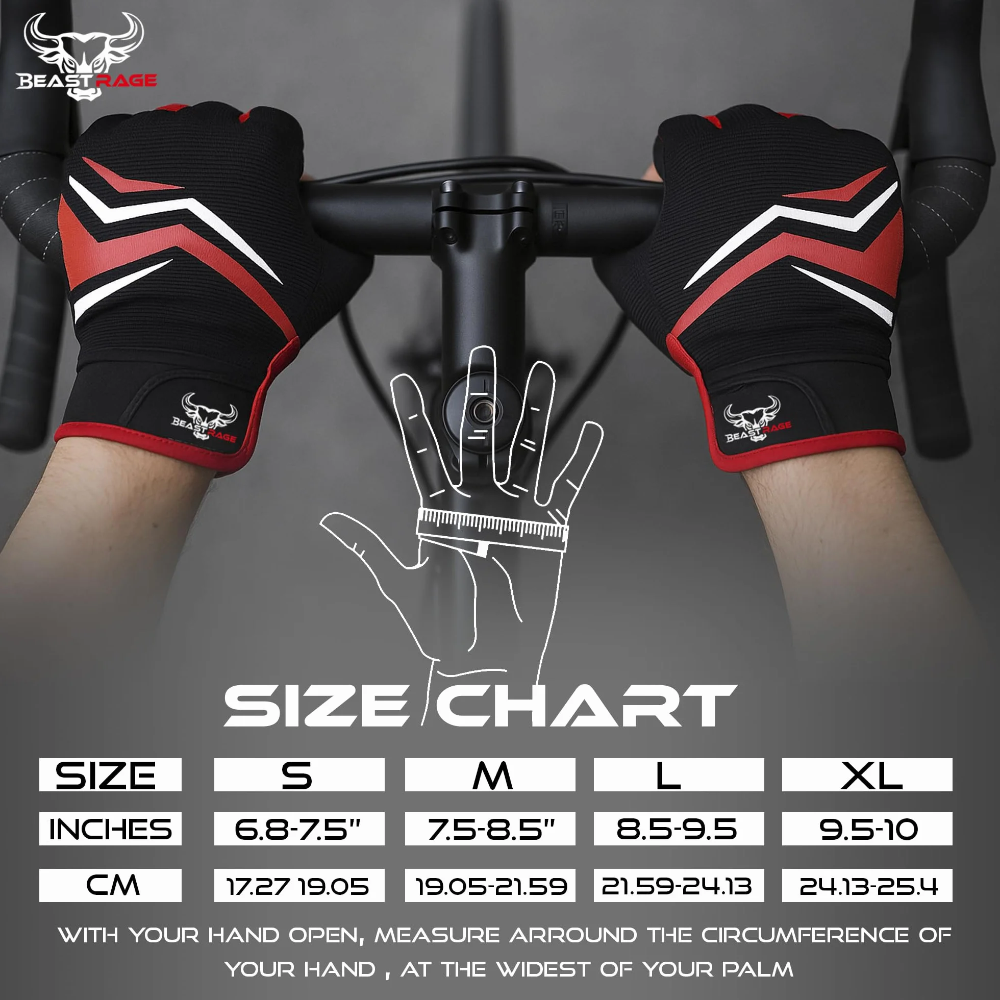 BEAST RAGE Gants de Cyclisme à Doigts complets avec Rembourrage Hommes Femmes antidérapants écran Tactile VTT BMX Course