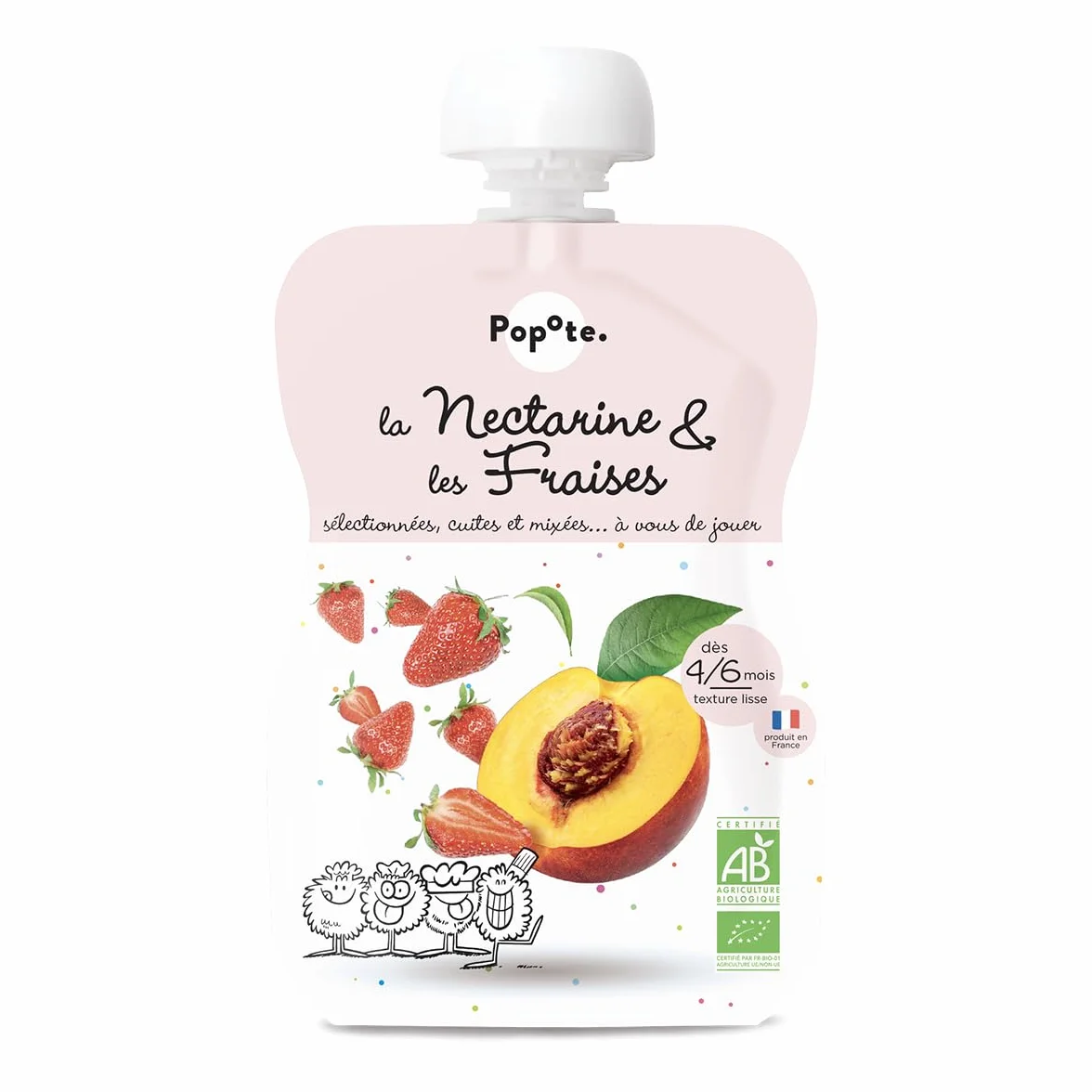 POPOTE - Purée Nectarine Fraises Bio - Dès 4/6 Mois - Recette Fruits Sans Sucres Ajoutés - Texture Lisse Adaptée Aux Bébés - Idéal Pour Diversification Alimentaire - Format Pratique - Pack 10 x 120 g