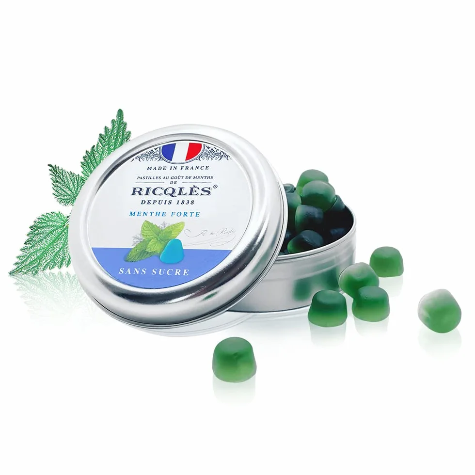 RICQLES-PASTILLES MENTHE SANS SUCRES Haleine Fraîche Mal des transports Goût menthe forte Boîte en métal 45g