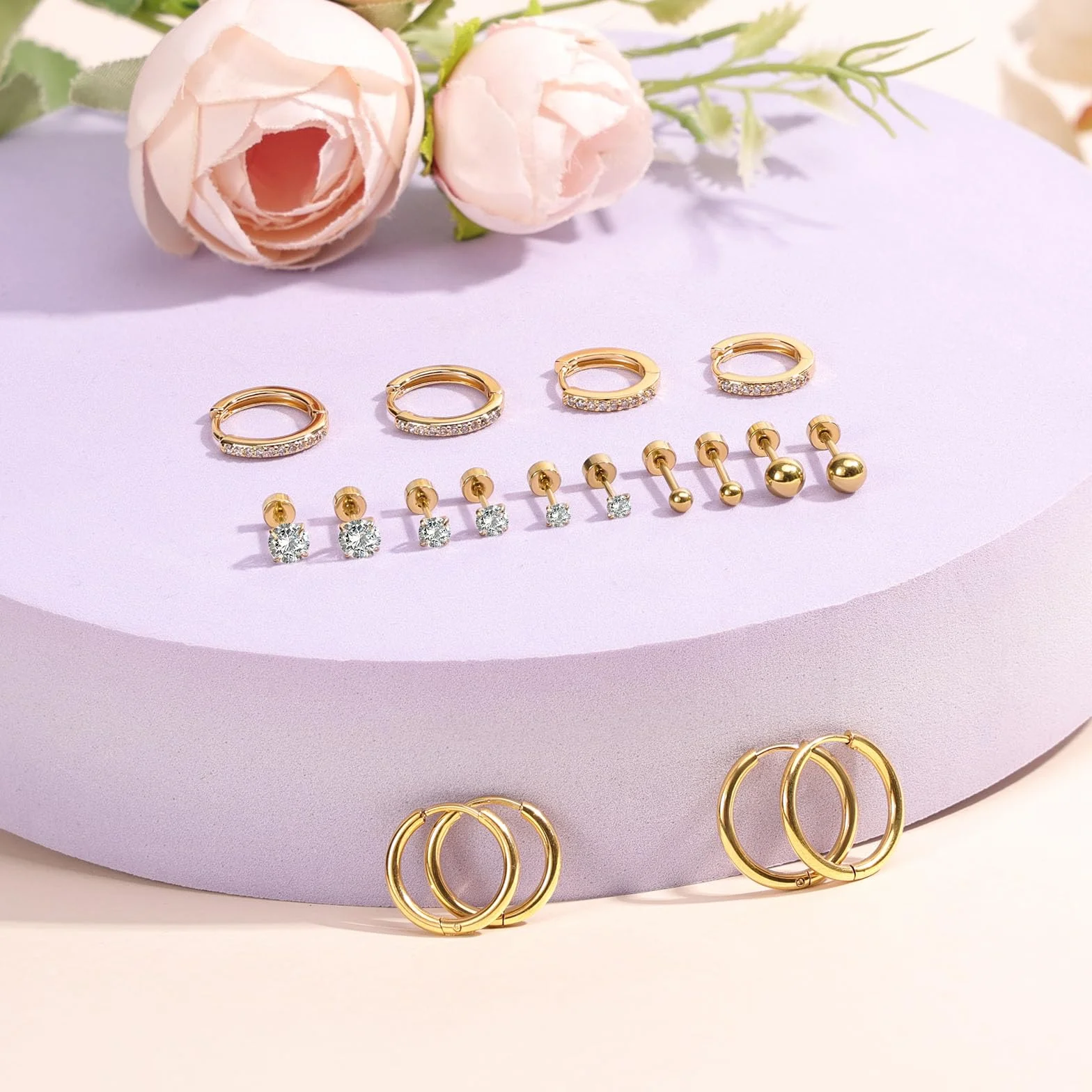 Boucles d'Oreilles Acier Inoxydable 9 Paires Femmes Creoles Clous Hypoallergéniques Cartilage Helix