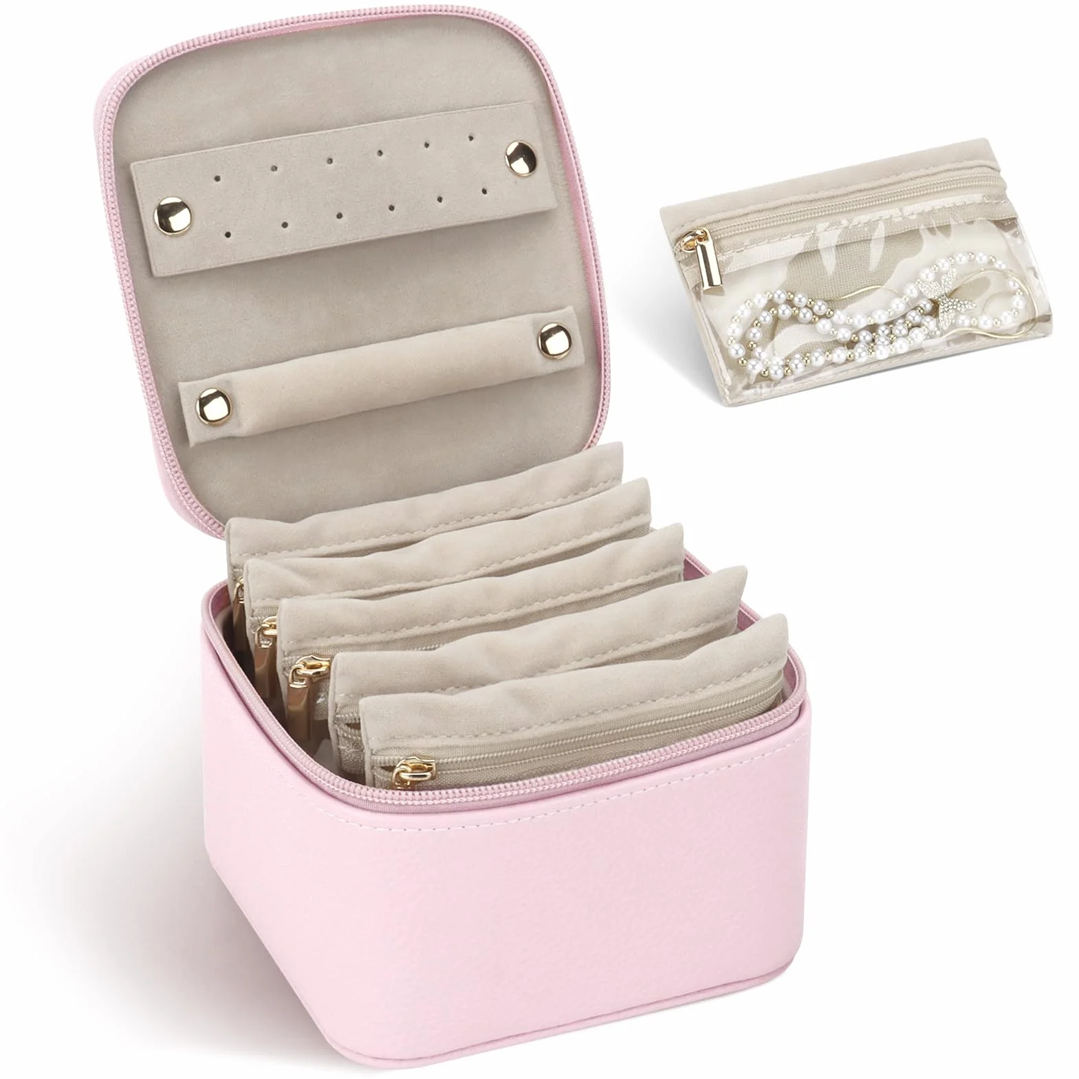 DesignSter Petite boîte à bijoux de voyage en cuir grain litchi 6 poches transparentes en velours rose