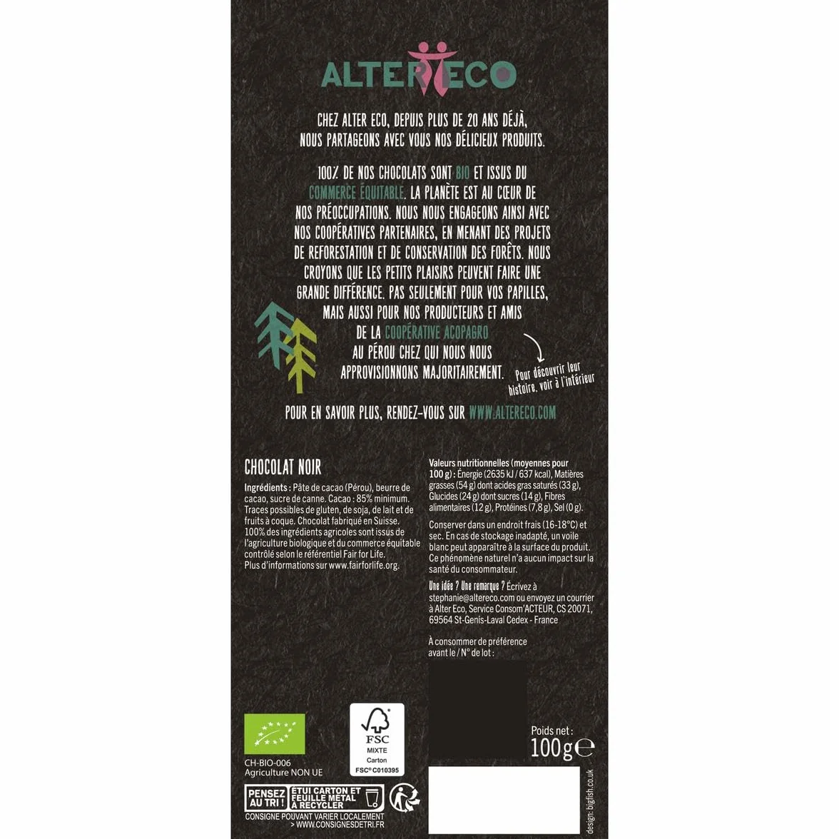 ALTER ECO - COMMERCE EQUITABLE - Alter Eco - Commerce Equitable Chocolat Noir Absolu 85% Pérou, Bio, 100G - 100G - Lot De 3 - Vendu Par Lot