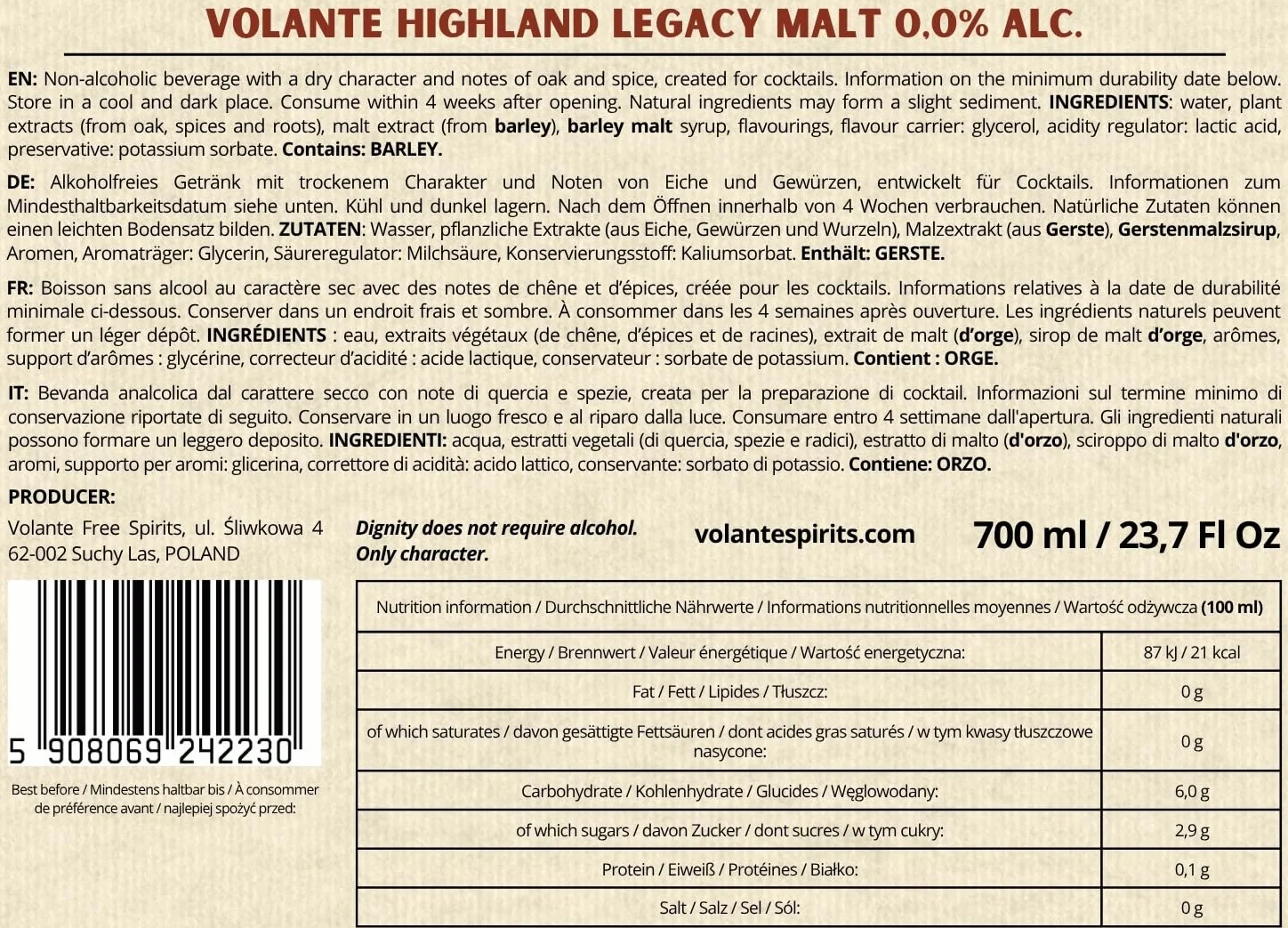 Volante Highland Legacy Malt 0,0% | Alternative sans alcool inspirée du whisky | profil fumé et malté | 700 ml