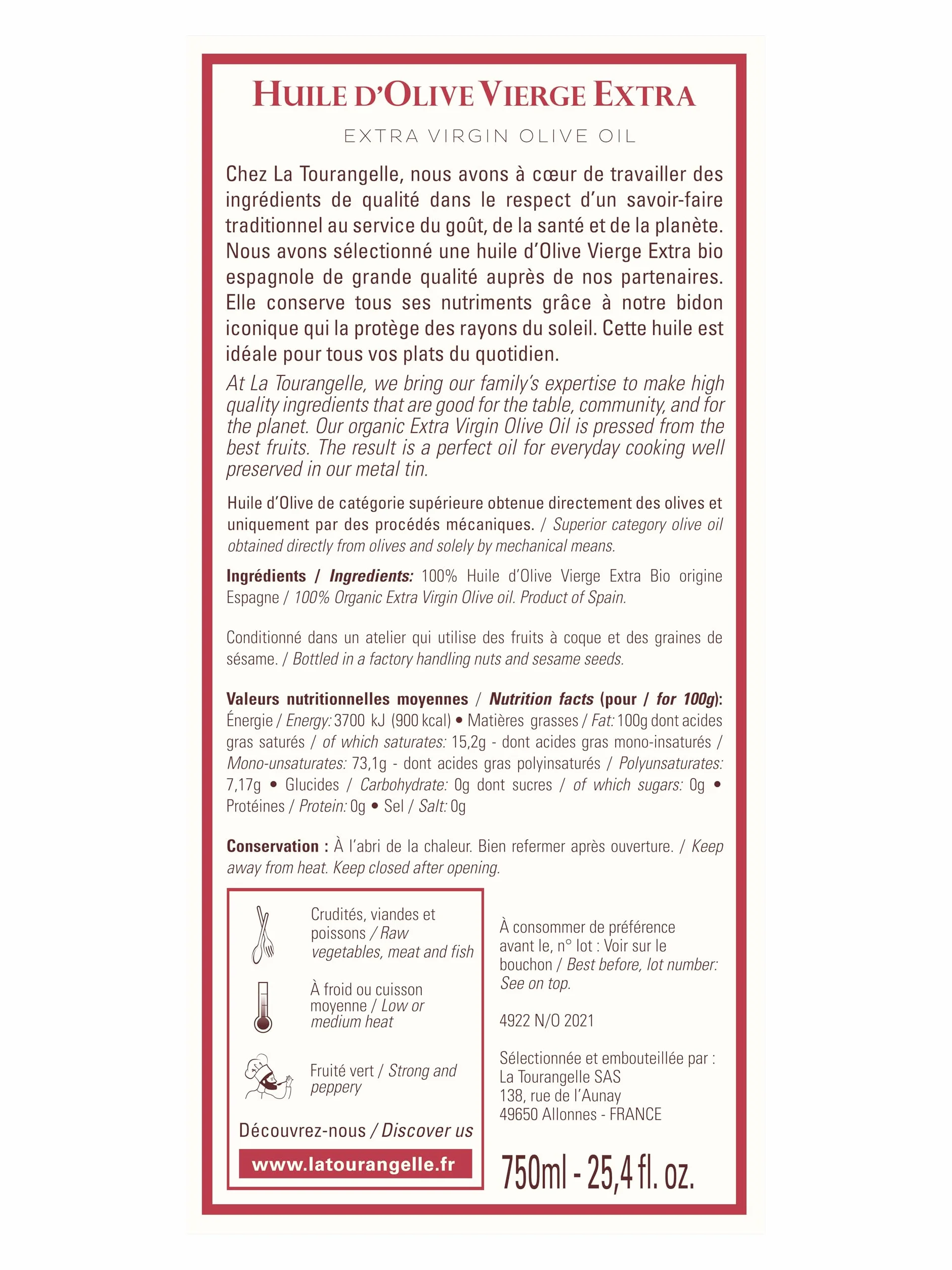 La Tourangelle - Huile d'olive vierge extra Bio - Fruité Vert - Extraite à froid - Riche en polyphénols & Omega 3 - Huile de qualité supérieure - 750ml