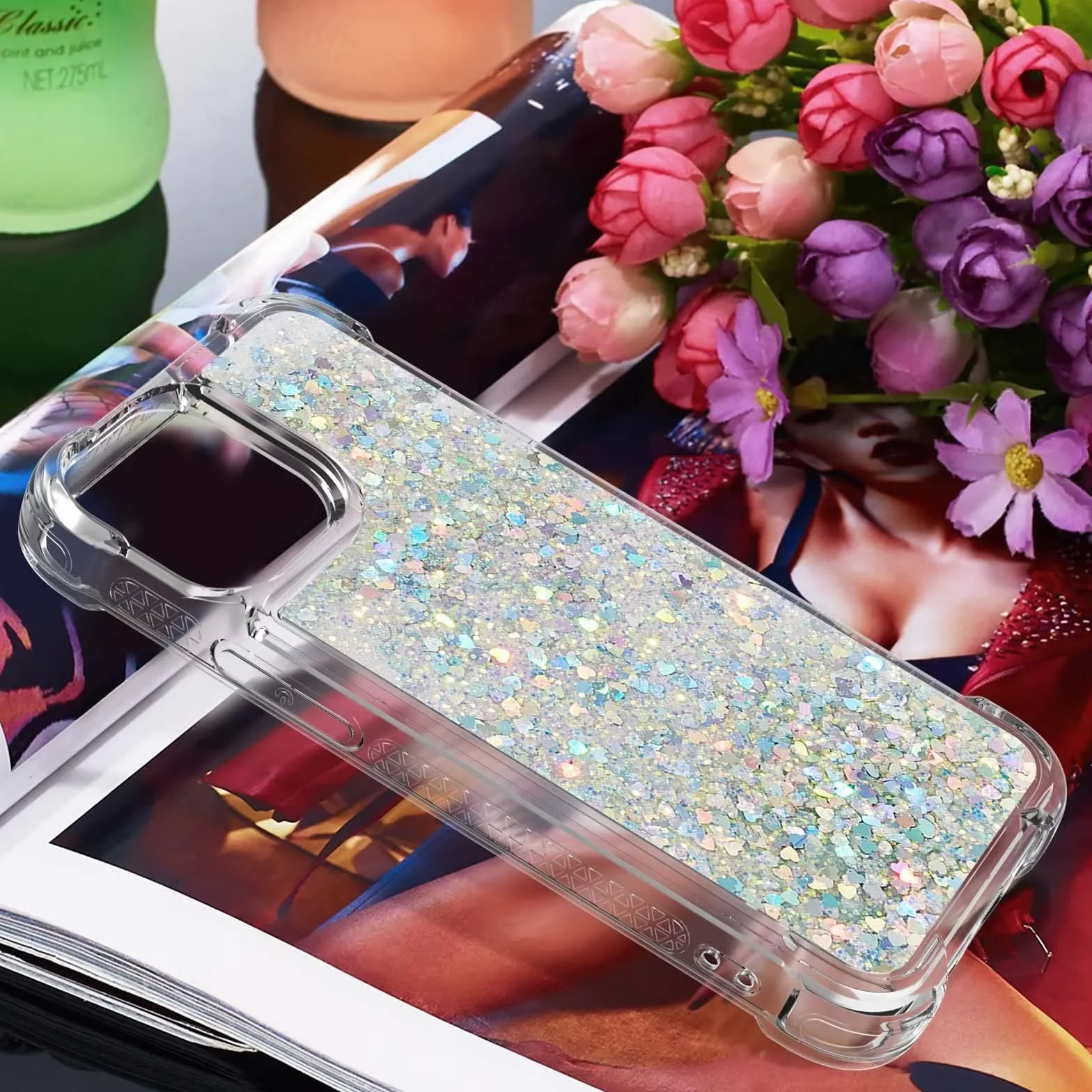 Didan Nadoli Coque iPhone 13 TPU Protecteur Brillant Paillettes Sables Mouvants Transparente Cristal Antichoc Bumper
