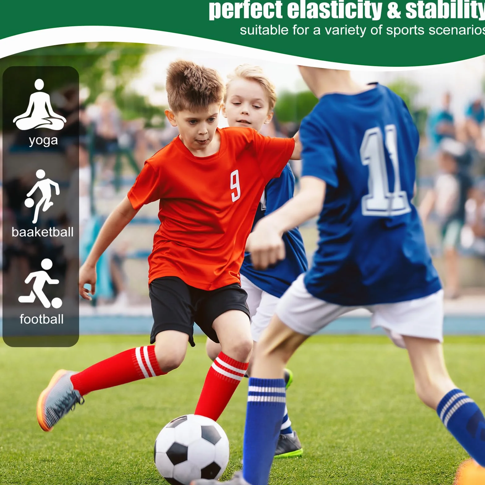 Lot de 4 paires de chaussettes de football respirantes pour enfants 5-12 ans noir bleu rouge vert