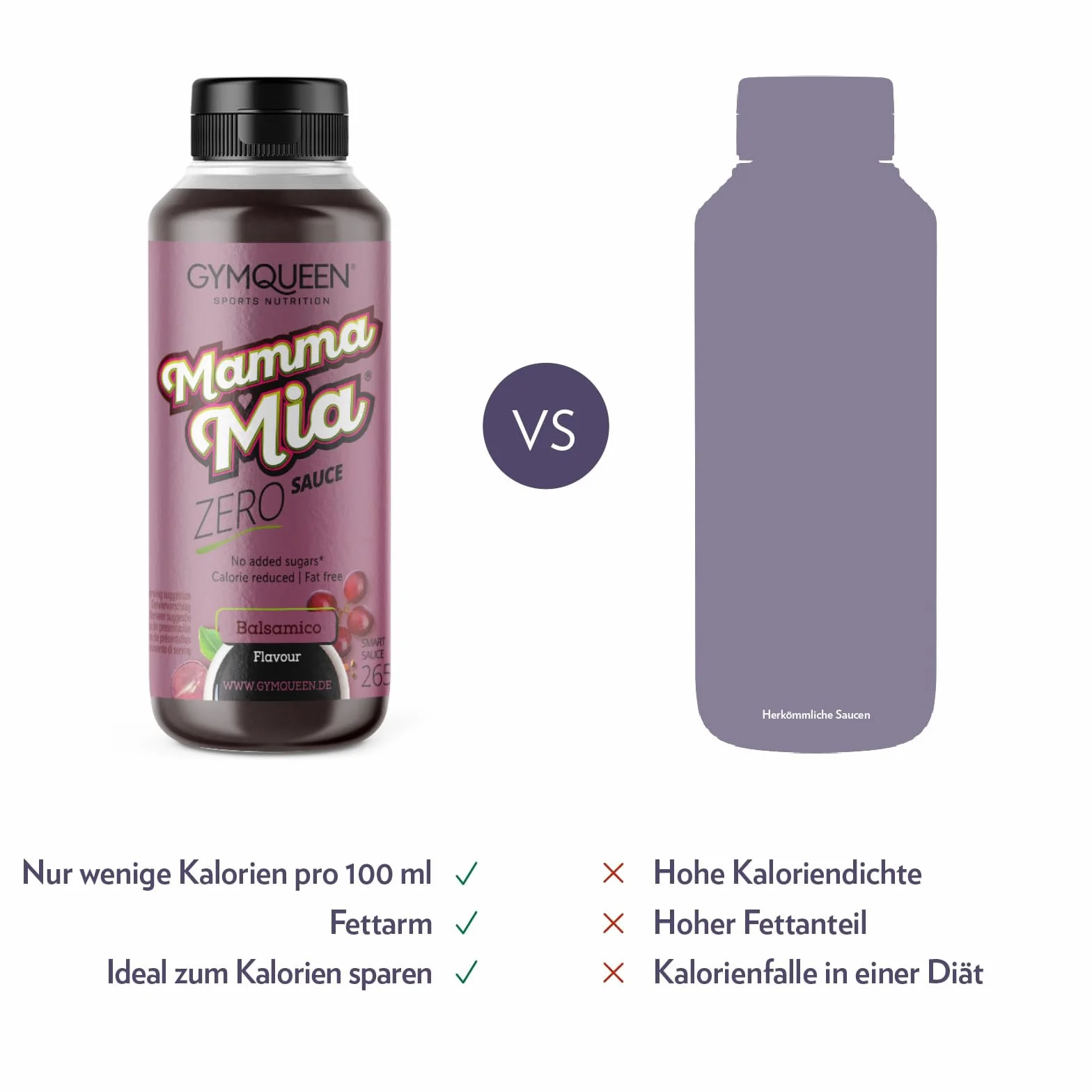 GymQueen Mamma Mia Sauce Zero 265 ml, faible en calories et sans graisse, pour affiner les plats ou comme vinaigrette, végétarien, Balsamico
