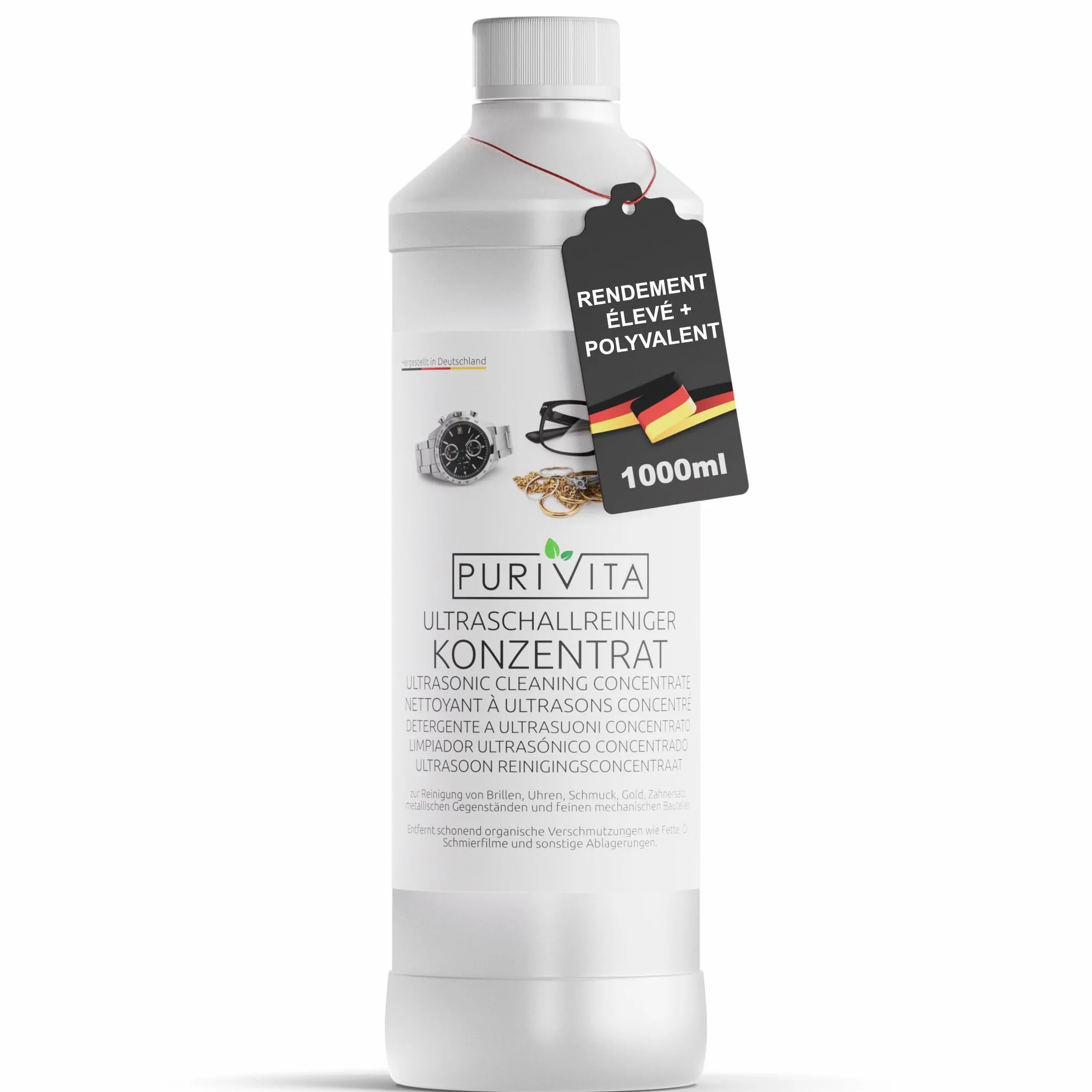 PURIVITA Nettoyeur Ultrasons Concentré 1L - Nettoyant pour Appareils Ultrasons - Liquide pour Lunettes, Bijoux & Monnaie