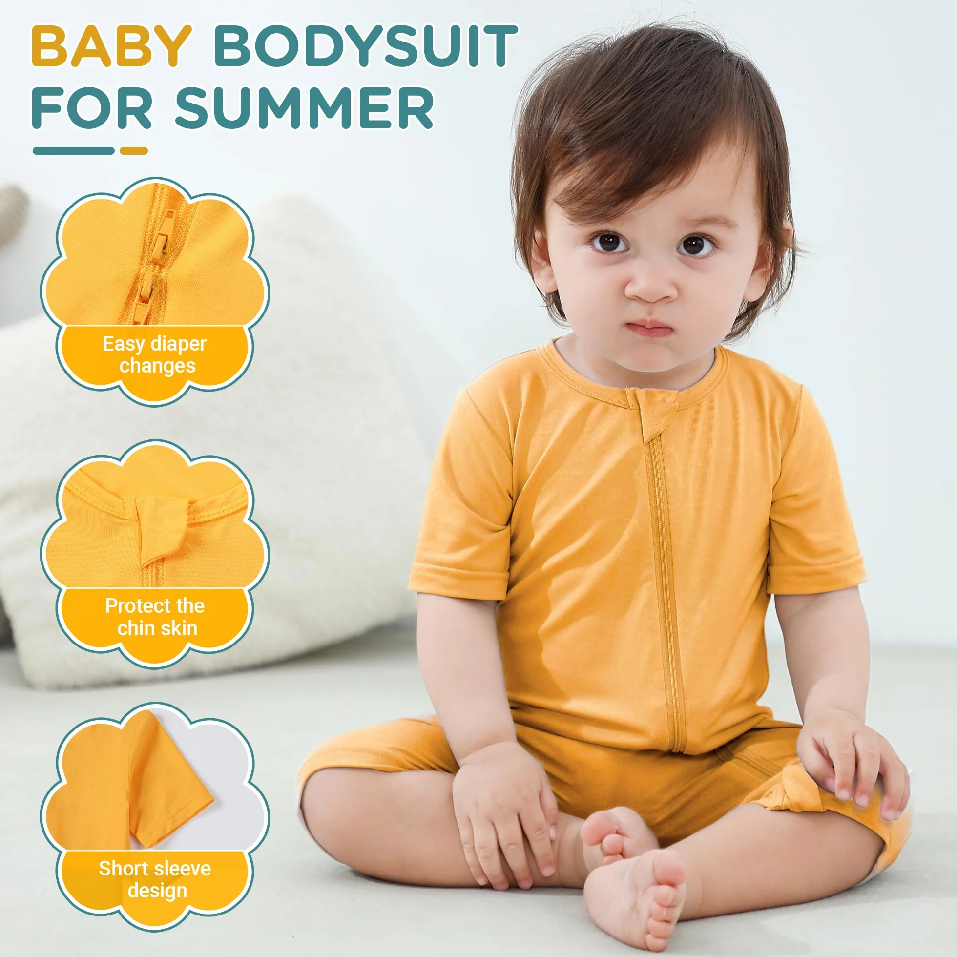Pyjama Bébé Garçon en Fibre de Bambou - Grenouillère Été Manches Courtes Double Fermeture Éclair