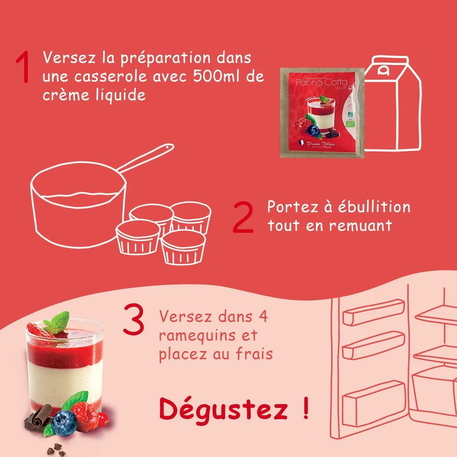 FRANCE DÉLICES - Préparation Pâtisserie Pour Panna Cotta Bio - Dessert Ou Goûter Gourmand Et Naturel - Prêt En 5min - Fabrication Artisanale En France - 4 Pers. - 10 Sachets De 40g