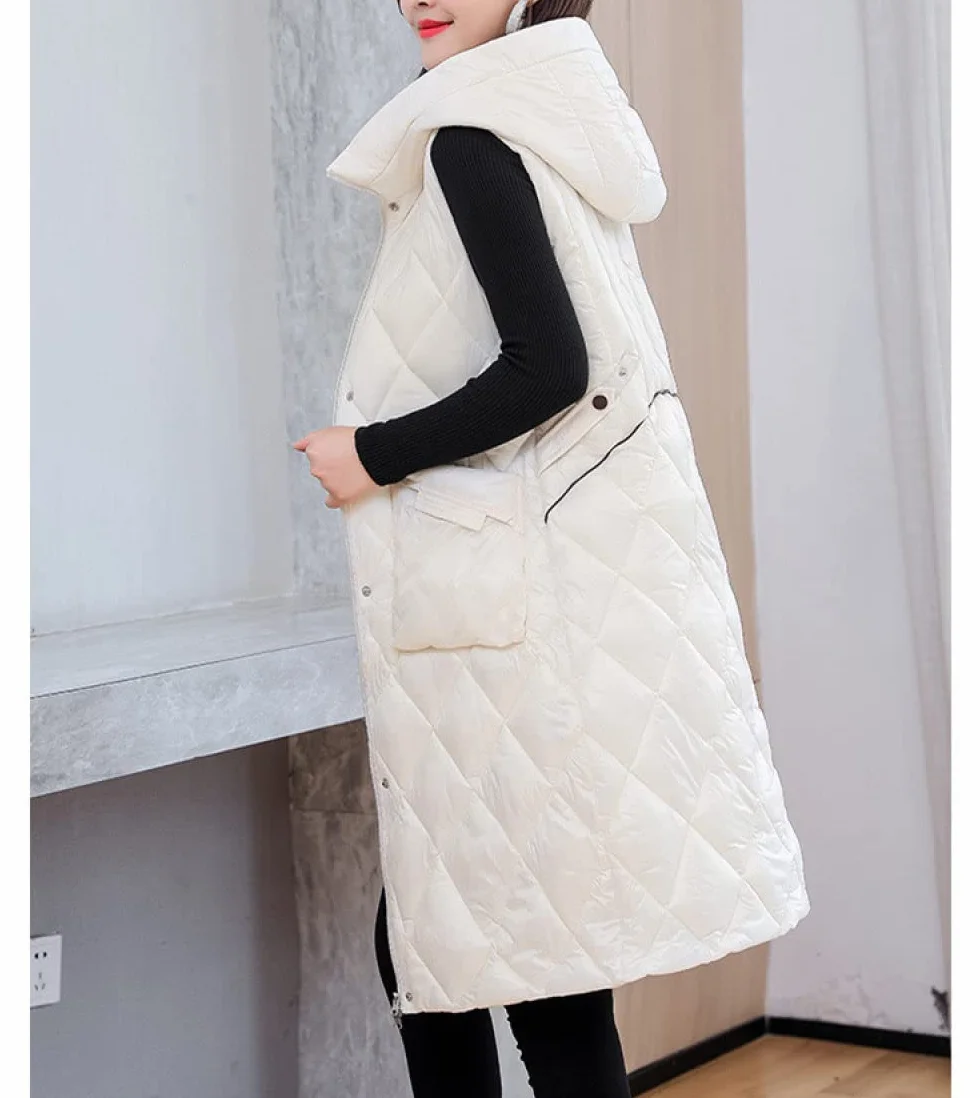 Doudoune Femme sans Manches Blanche À Capuche Gilet Matelassé Long Chaud