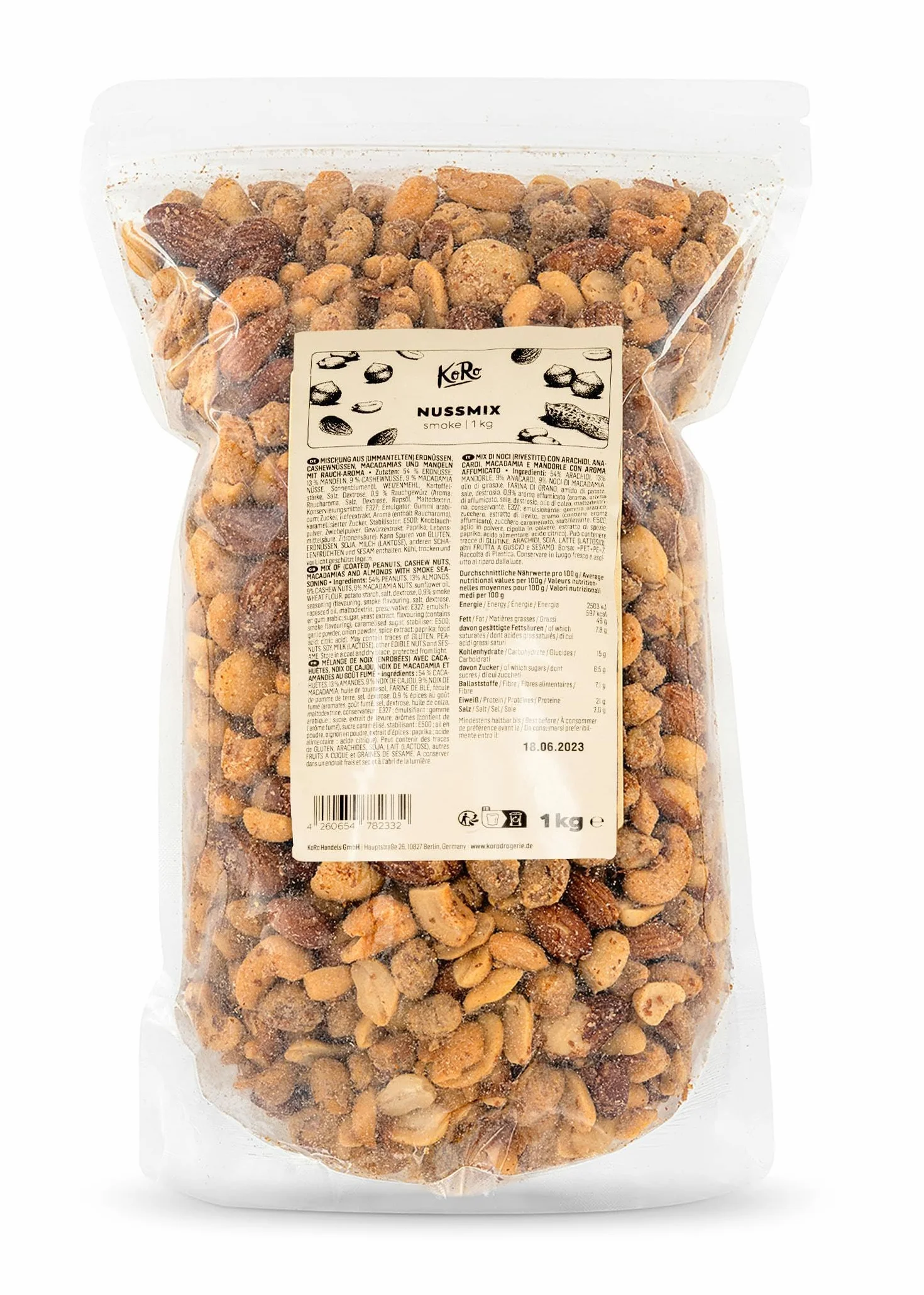 KoRo - Mélange de noix salées et fumées 1kg - Un snack fumé pour les petites faims