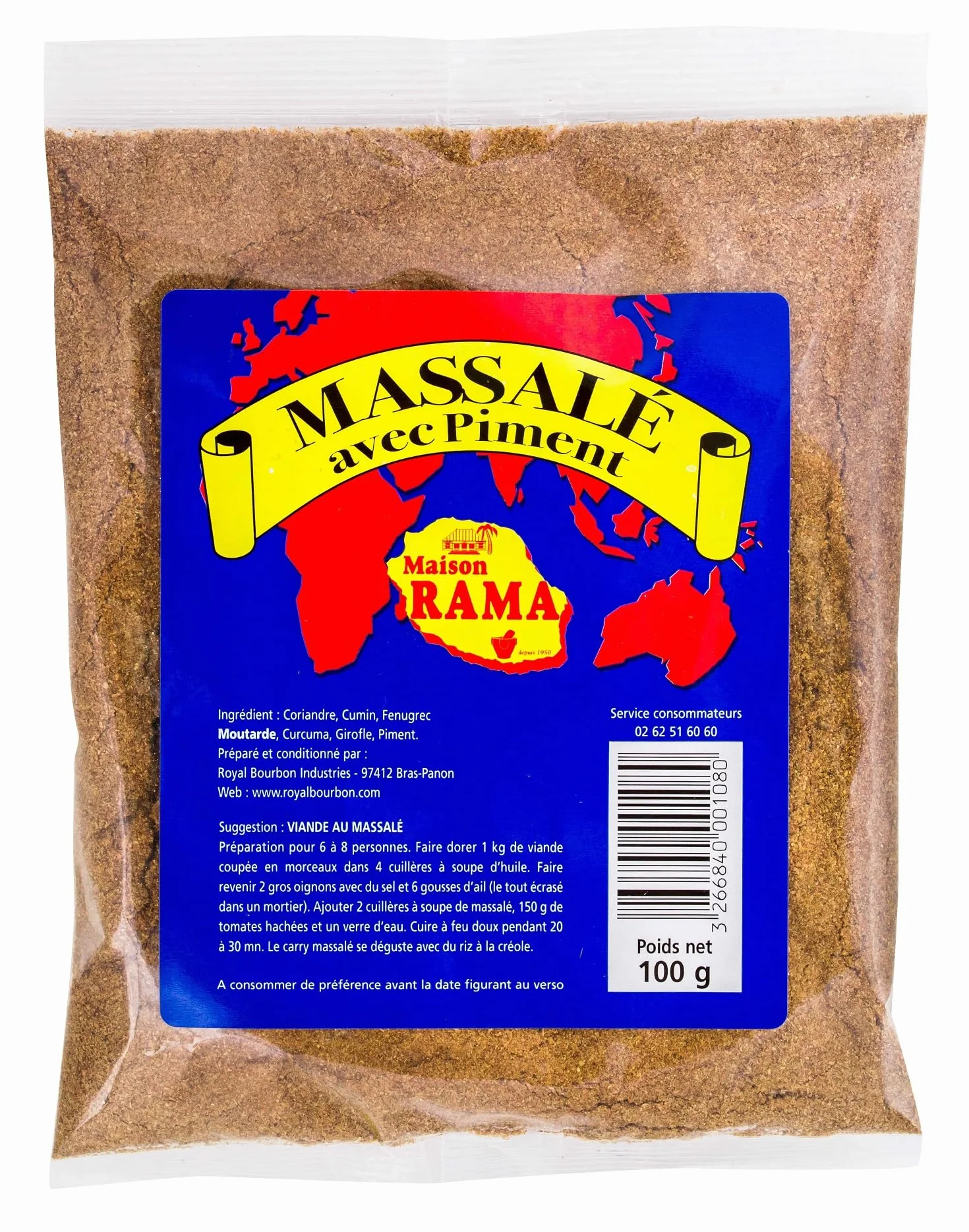 MAISON RAMA - Ile de la Réunion - Epices : (Massalé avec Piment - Lot de 3 Sachets de 100g)