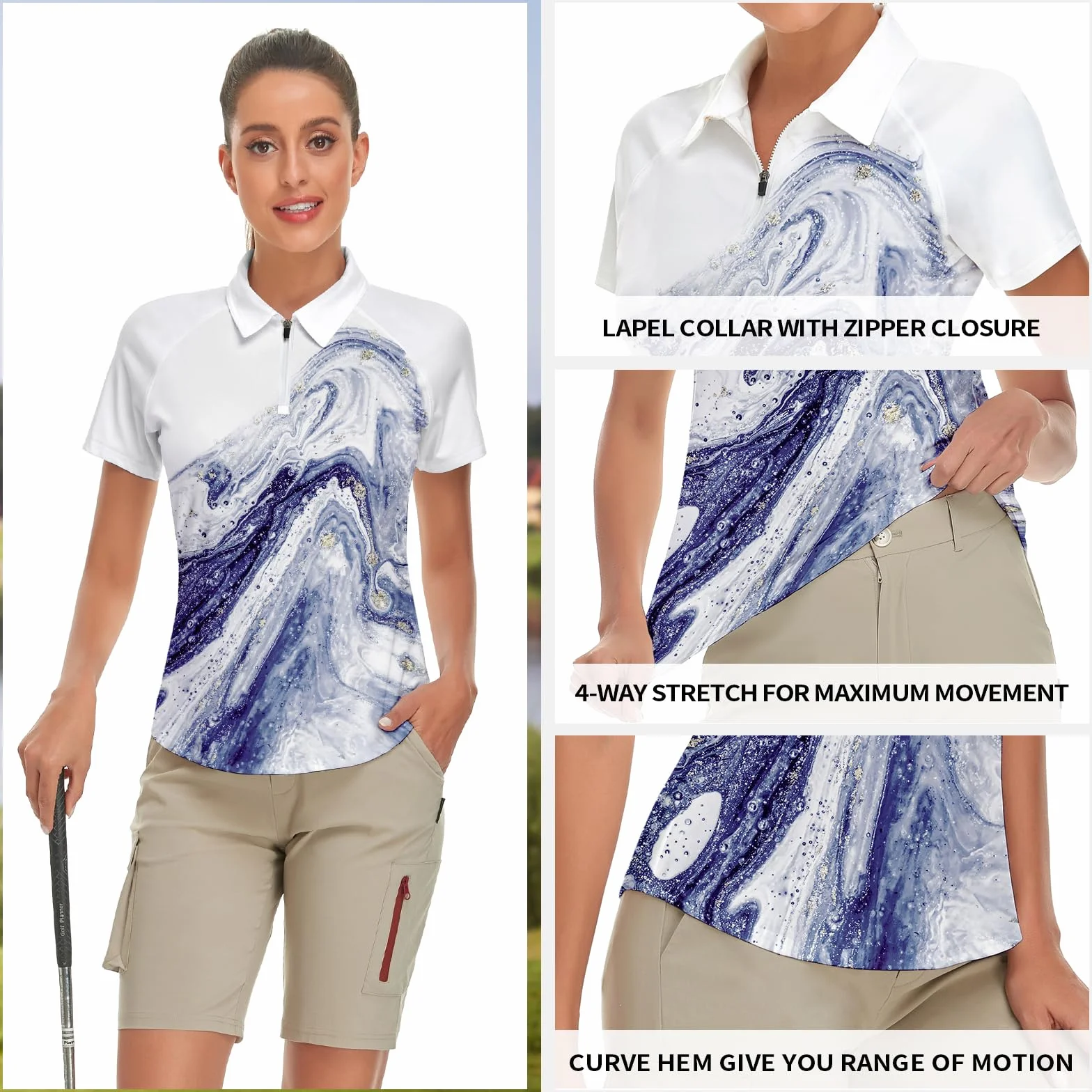Soneven Polo Femme Ete Sport Chemise Carreaux Respirant Zipper Manches Courtes Blanc 1/4 Zipper Golf Tennis