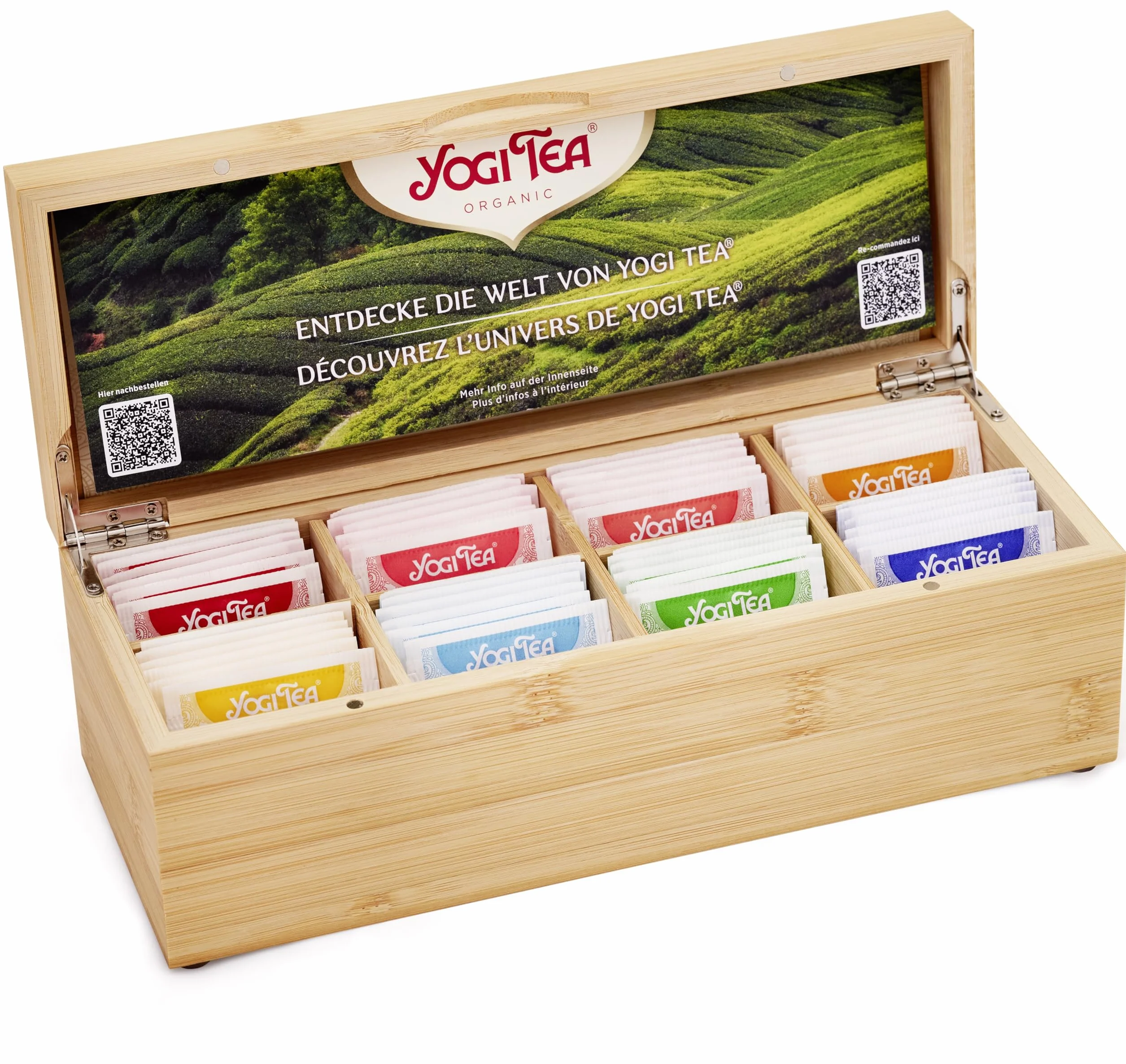 YOGI TEA - Boîte à thé en Bambou et Infusions bien-être, Coffret Cadeau Thés avec 8 sortes de thé sélectionnées, au total 48 Sachets de Thé (8x6), idéal pour la conservation