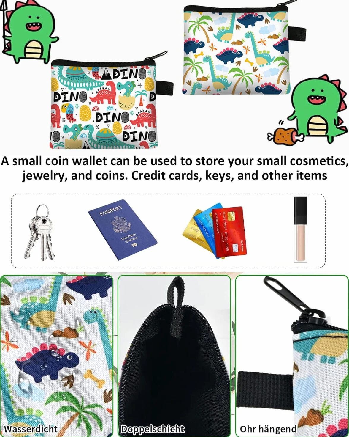 Porte-Monnaie Enfant Mignon Dessin Animé Animal Sac à Monnaie avec Fermeture éclair Portefeuille Carte Porte-clés 2 PCS