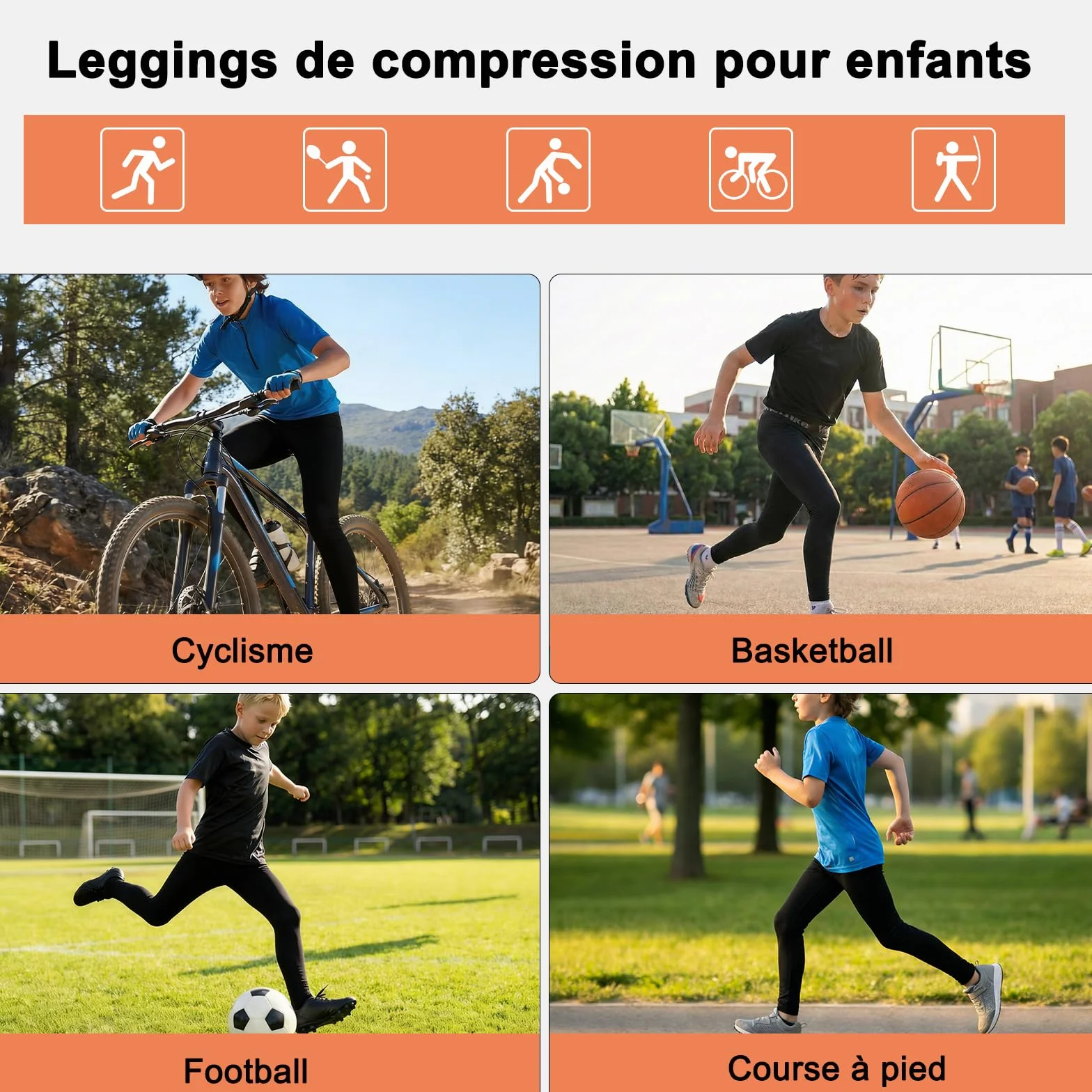 Pantalon de Compression Garçons Séchage Rapide Respirant Collants Leggings Enfants Base Layer Running Léger Élasticité Tights Sports sous-Vêtements Football Basket-Ball