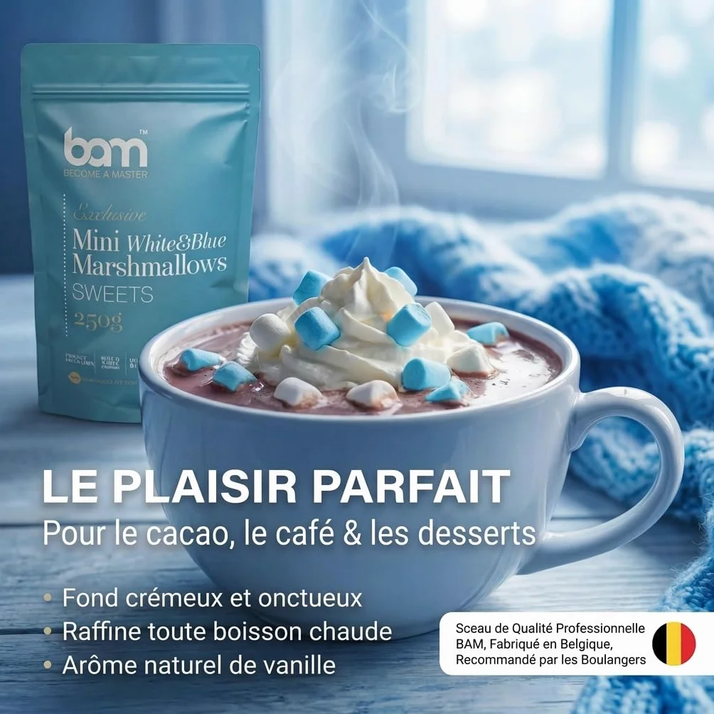 BAM Mini Marshmallow – Guimauves Sucrées Pour Chocolat Chaud, Desserte et Décoration, Blancs et Bleus, 250g