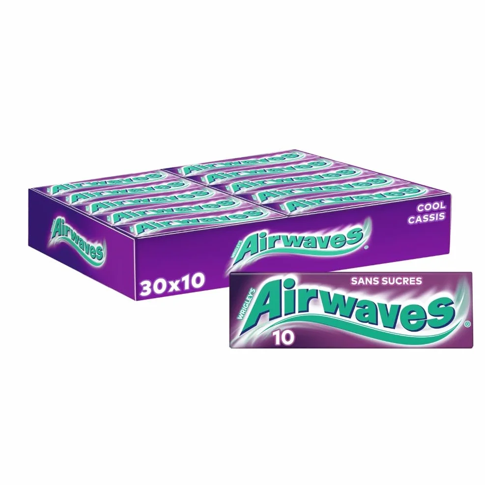 AIRWAVES - Chewing Gum Sans Sucre - Goût Cassis - Fraîcheur Mentholée - Grand format - 30 Paquets de 10 Dragées - Grand Format de 300 Dragées - 420g