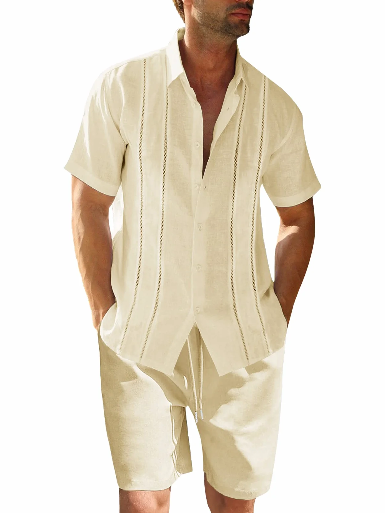 Ensemble Homme Lin 2 Pièces Chemise Plage Short Manches Courtes Tenue Été Coupe Droite
