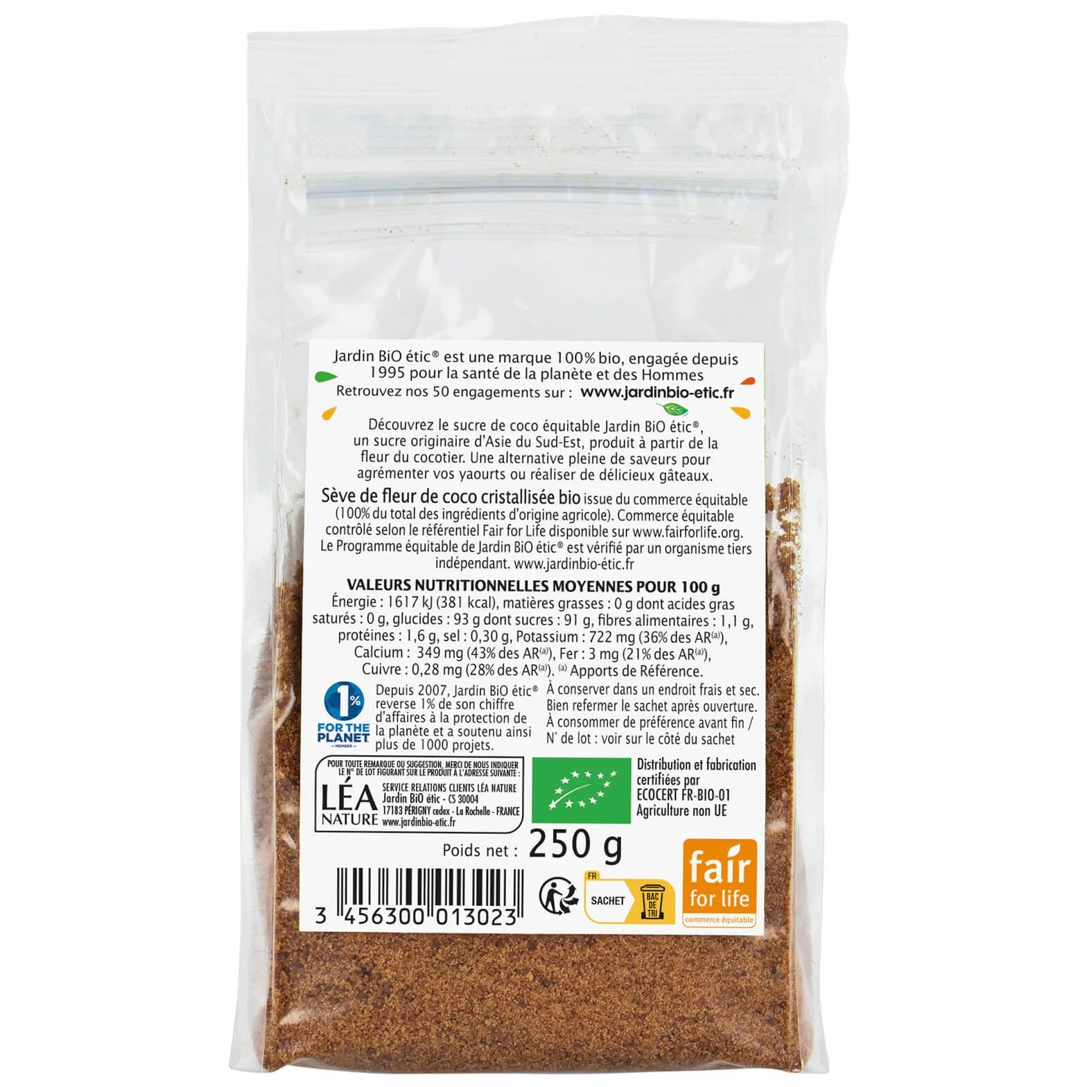 Jardin BIO étic - Sucre de fleur de Coco - bio - Sucré - Certifié AB - Sachet de 250g
