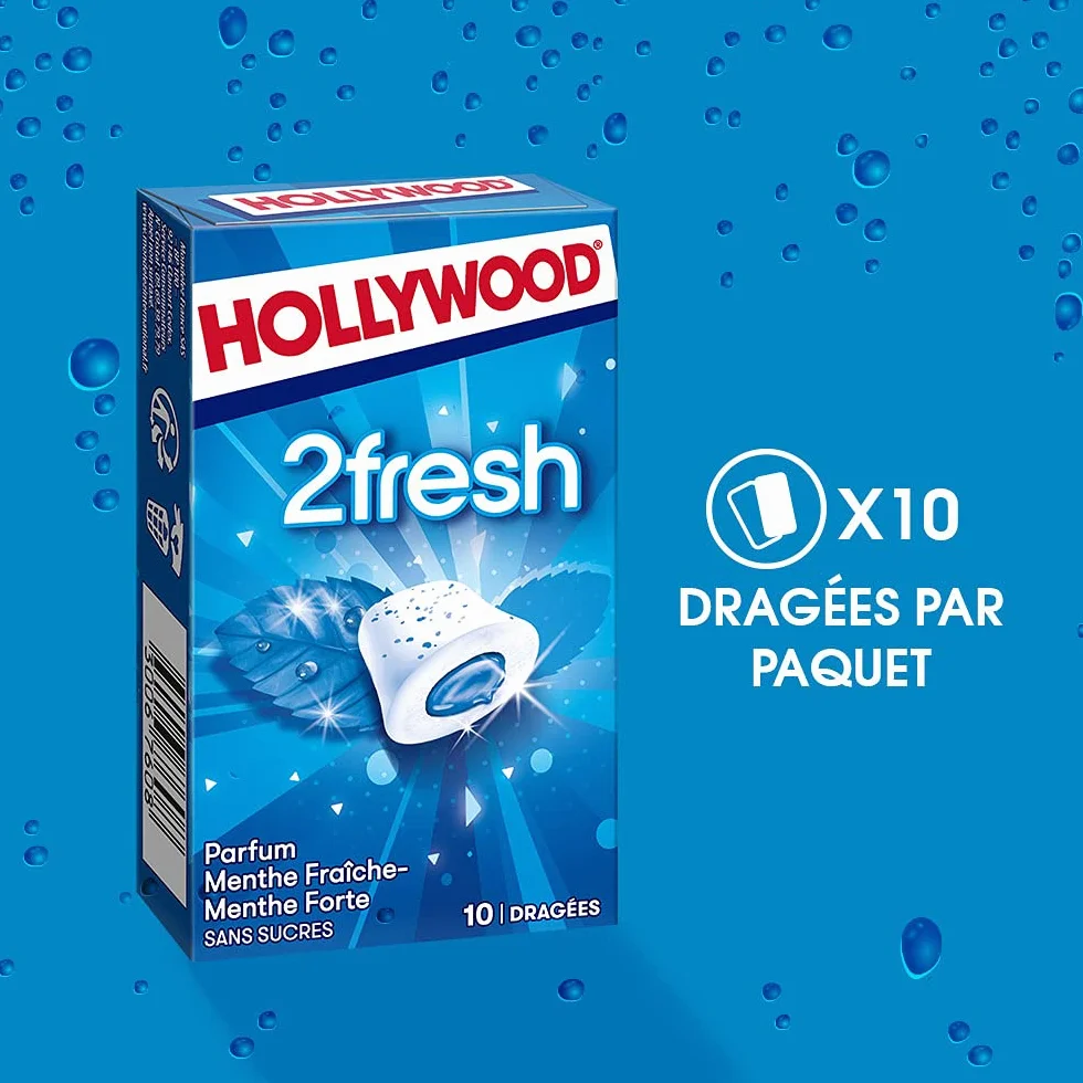 Hollywood Chewing Gum 2 Fresh Parfum Menthe Forte Sans Sucres Lot de 16 paquets 22 g