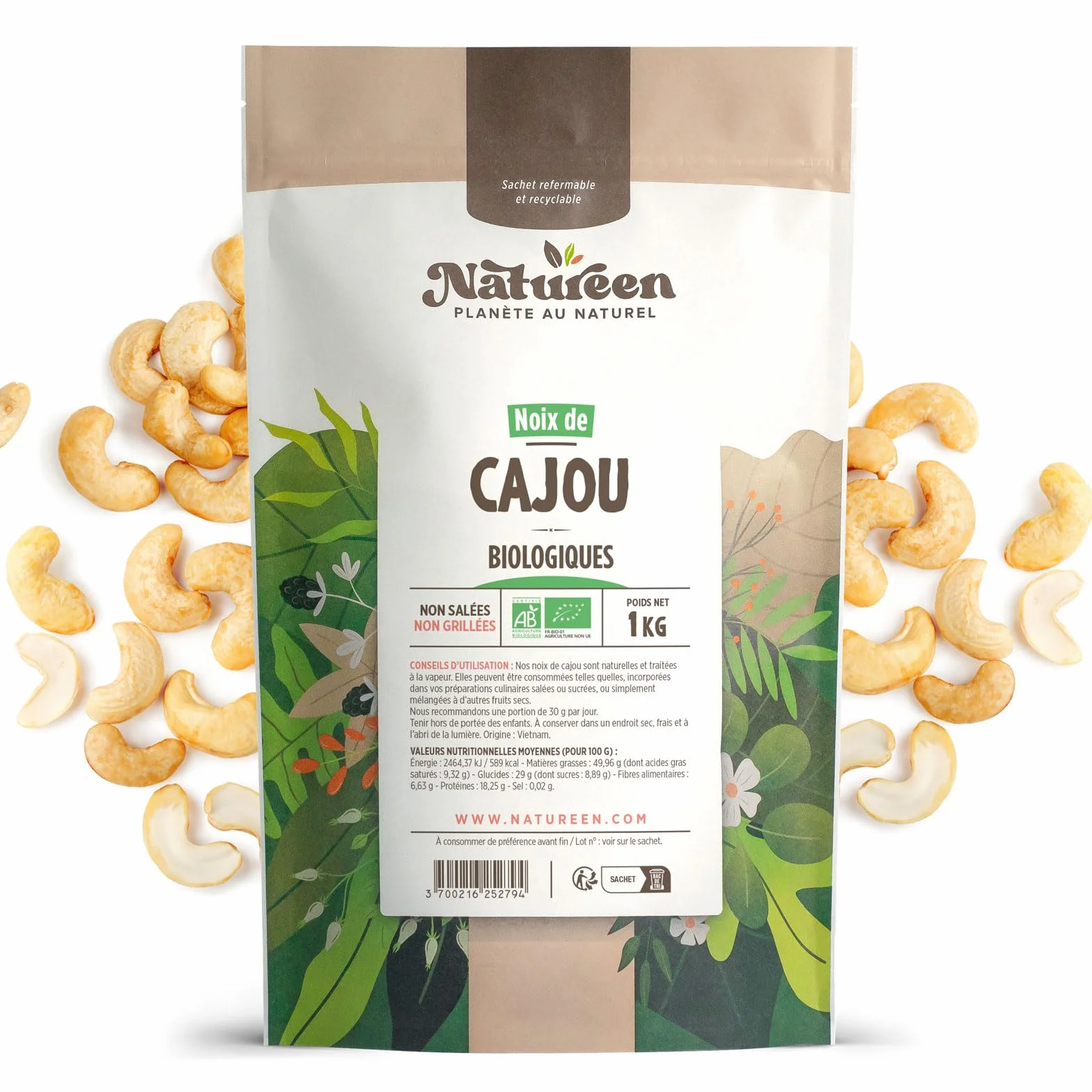 Noix de Cajou Bio 1 kg - Décortiquées - Non Salées - Non Grillées