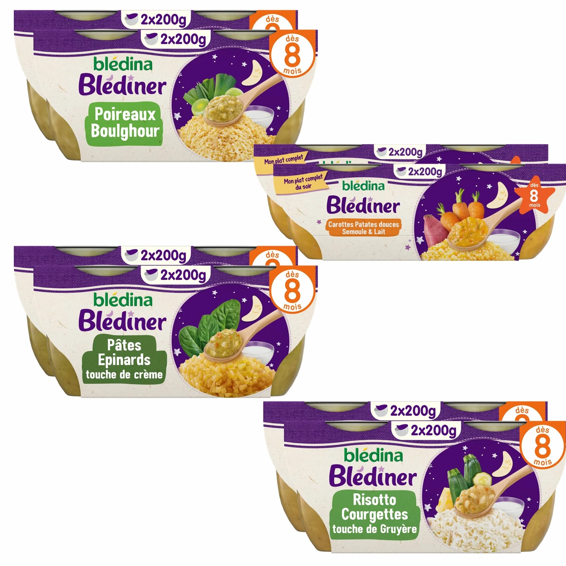 Blédina - Blédiner - Plats du soir pour bébé - 16 bols avec 4 Recettes inspirées du Fait Maison - Dès 8 Mois - Sans sel ajouté - 16x200g