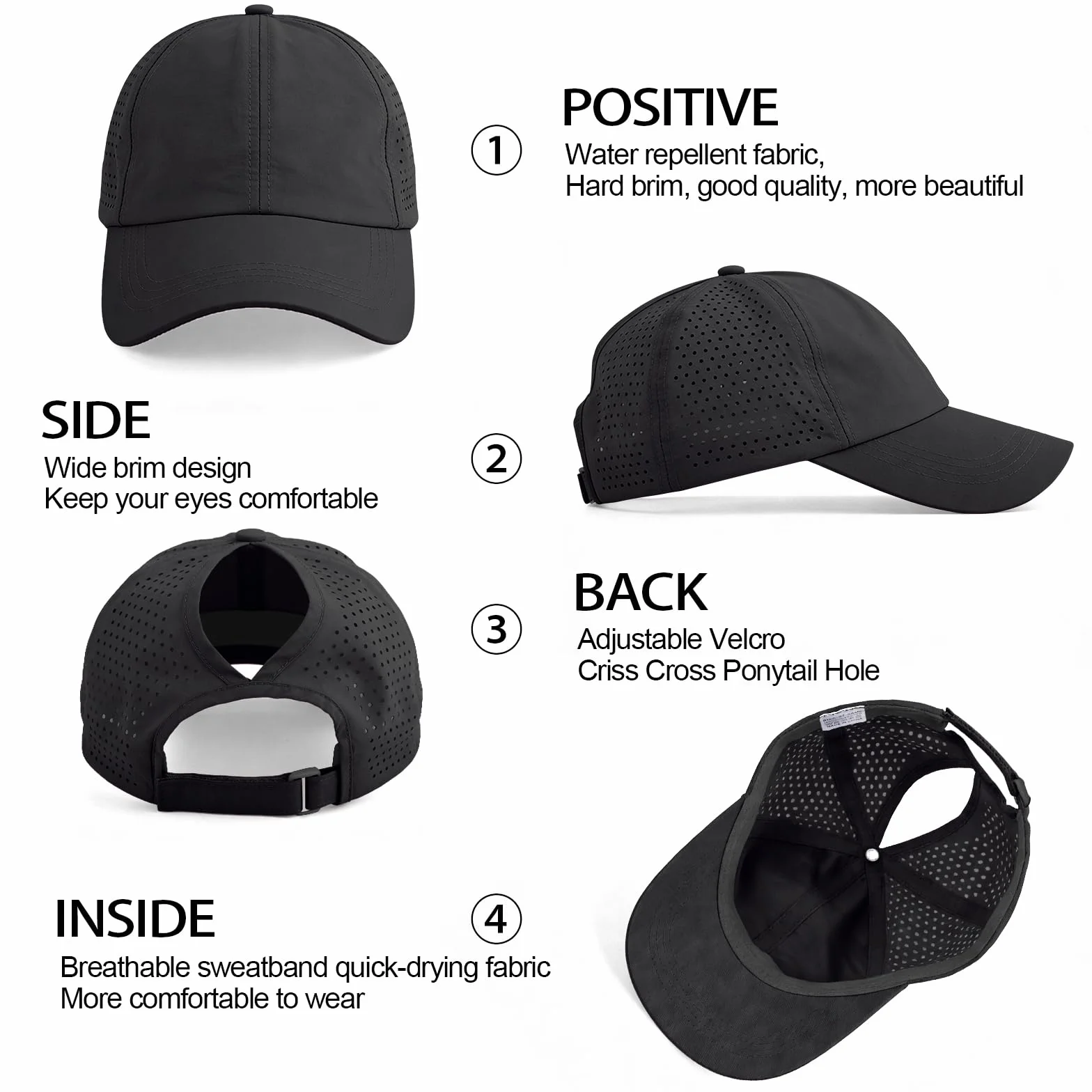 Casquette de Baseball Femme Queue de Cheval Réglable Séchage Rapide Anti-Soleil UV pour Running Golf Cyclisme