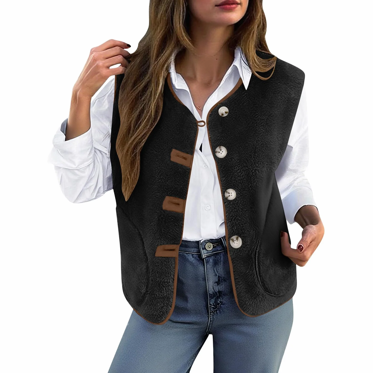 Gilet Polaire Sans Manches Pour Femme Veste Laine Couleur Unie Chaud Avec Poches