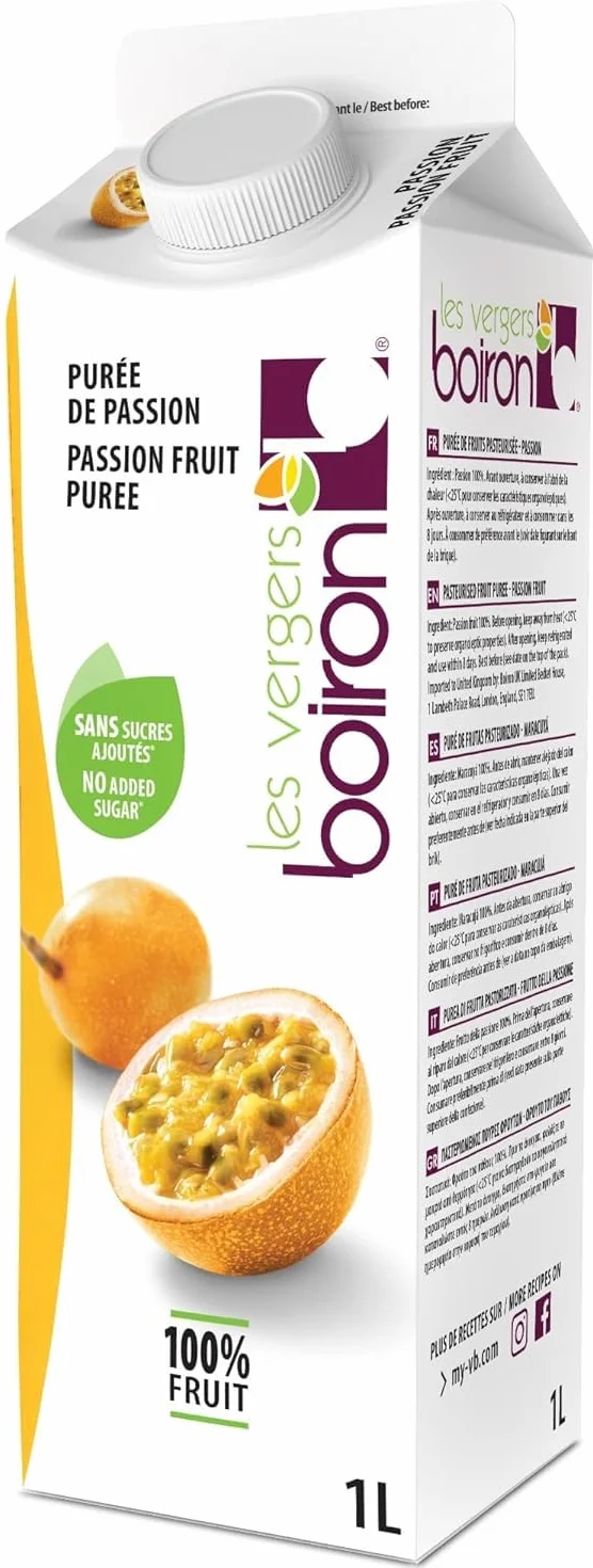 Boiron Purée de fruit de la passion | 100 % fruits – Sans sucre ajouté, arômes, colorants ou conservateurs | Parfait pour les cocktails, les desserts, la pâtisserie et la crème glacée | 1 litre