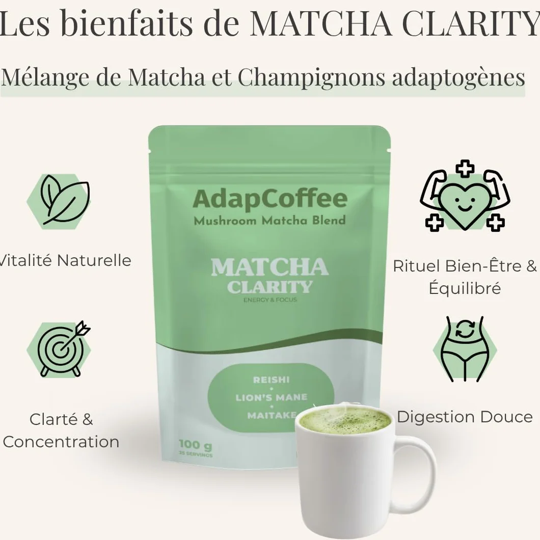 Matcha Clarity – Thé Matcha Cérémonial aux Champignons Adaptogènes – Lion’s Mane, Reishi & Maitake – Énergie Naturelle & Concentration – Vegan, Sans Sucre Ajouté – 25 tasses (100g)