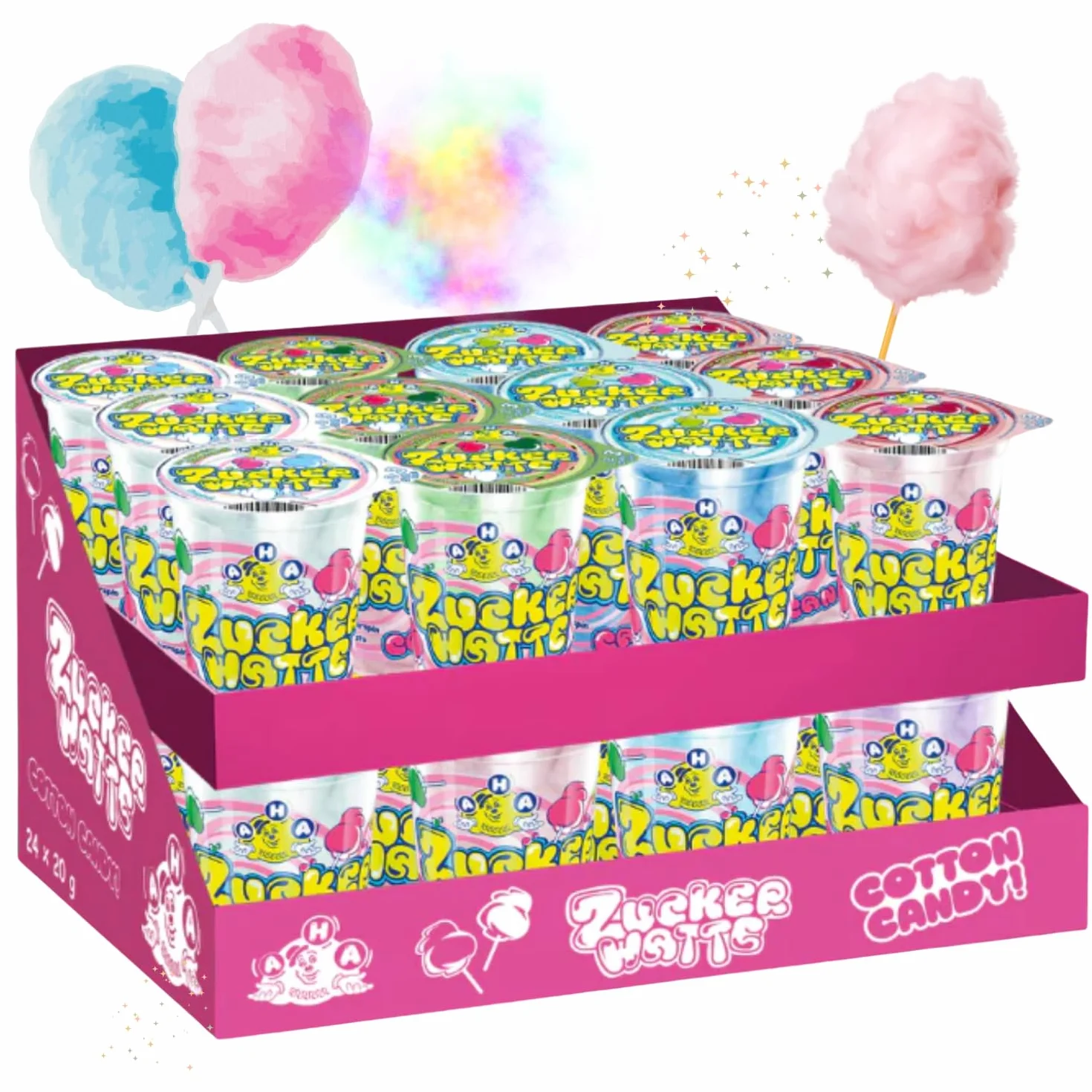 AHA Barbe à papa 7 variétés colorées 24 x 20 g dans un gobelet, qualité supérieure, emballage de stockage, 4 saveurs comme à la foire foraine pour fête, maison, garden-party, célébration