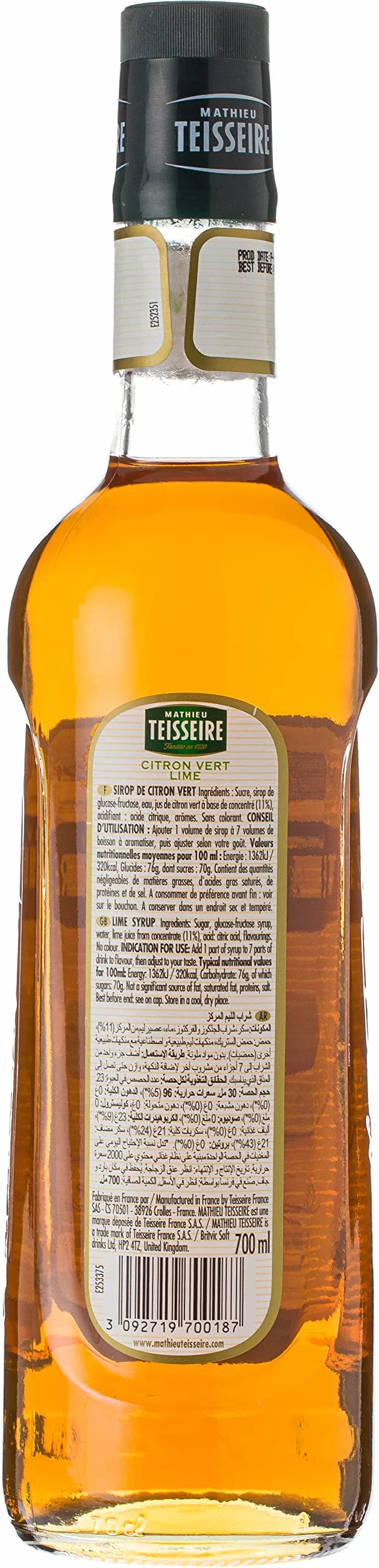 Teisseire Sirop de citron vert de qualité professionnelle 70cl