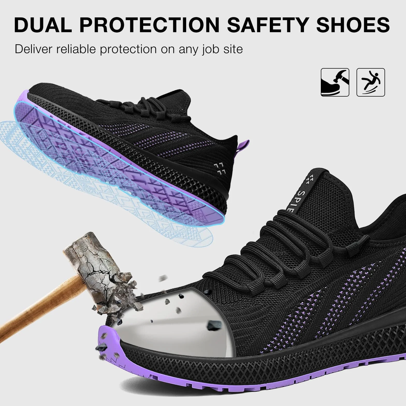 SPIEZ Chaussures de sécurité Femme légères Coque en Composite Sneakers antidérapantes Noir-Violet Taille EU 35-41