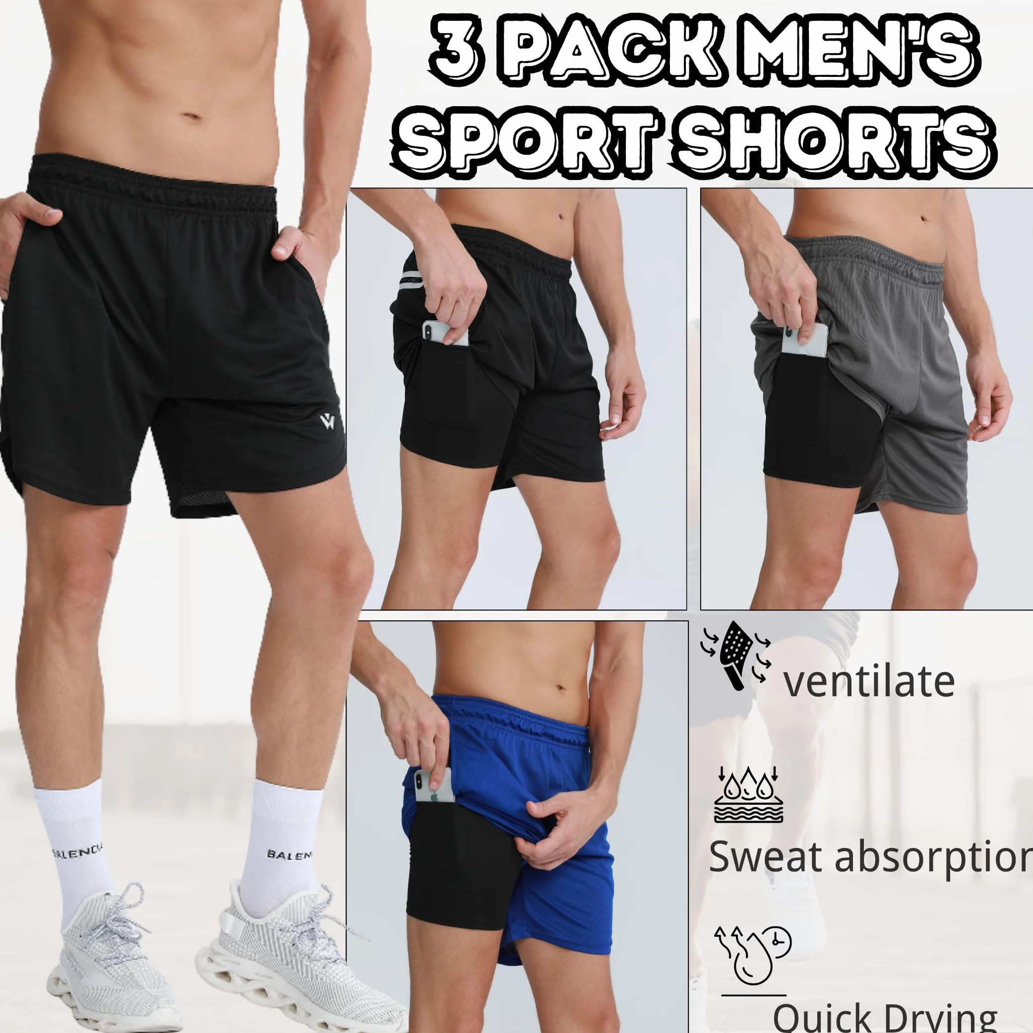Shorts de sport 2 en 1 homme séchage rapide poches Lot de 3