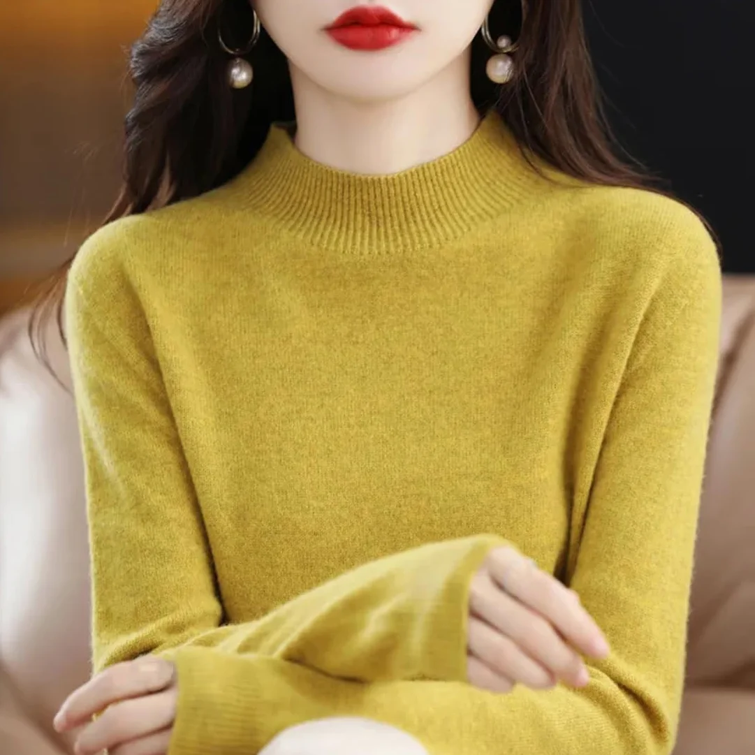 Pull Tricoté en Laine Mérinos et Cachemire pour Femme, Col Roulé Manches Longues