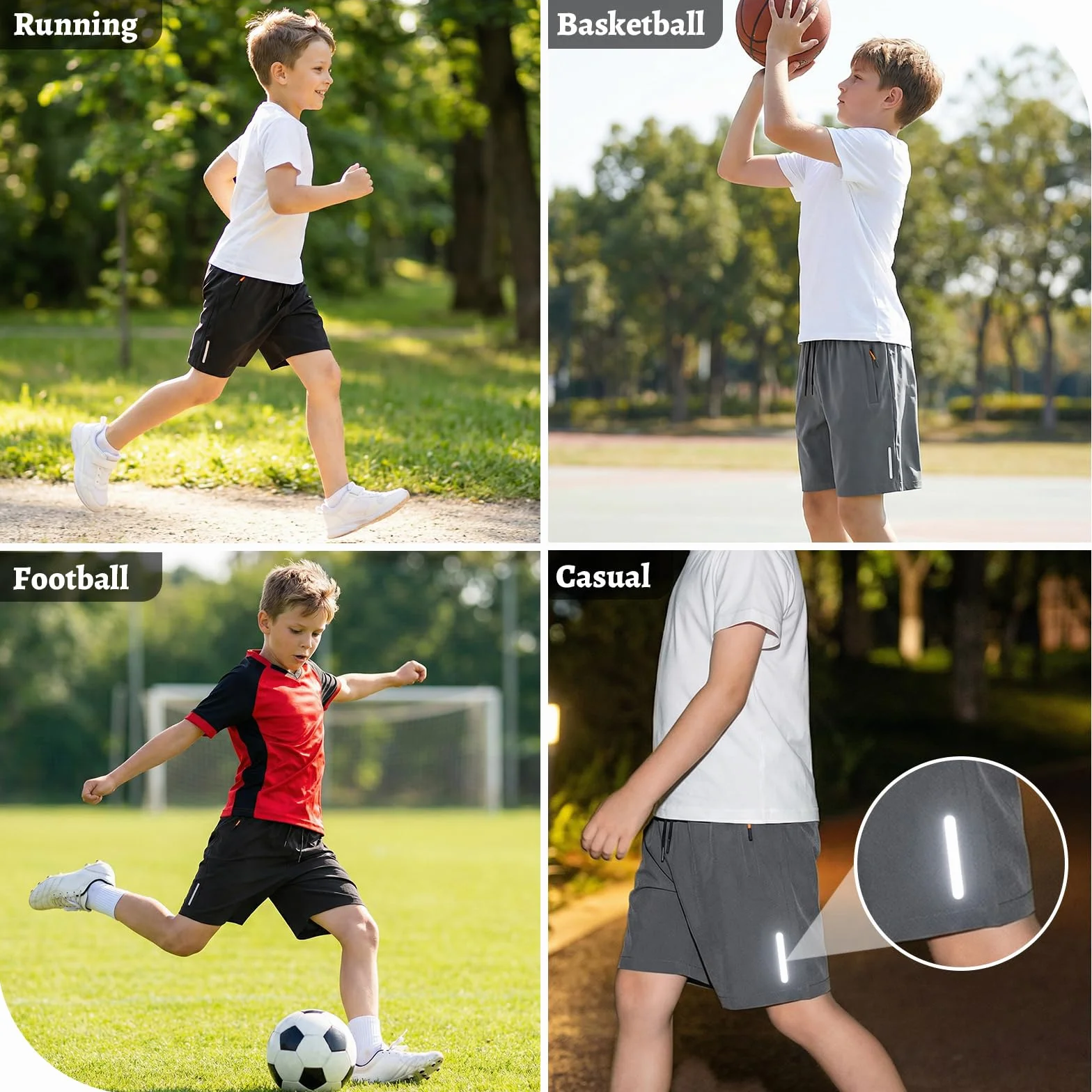 Shorts de Sport Garçons Lot de 2 Séchage Rapide Enfants Bandes Réfléchissantes Poche Zippée Cordon Coulissant Cyclisme 6-13 Ans