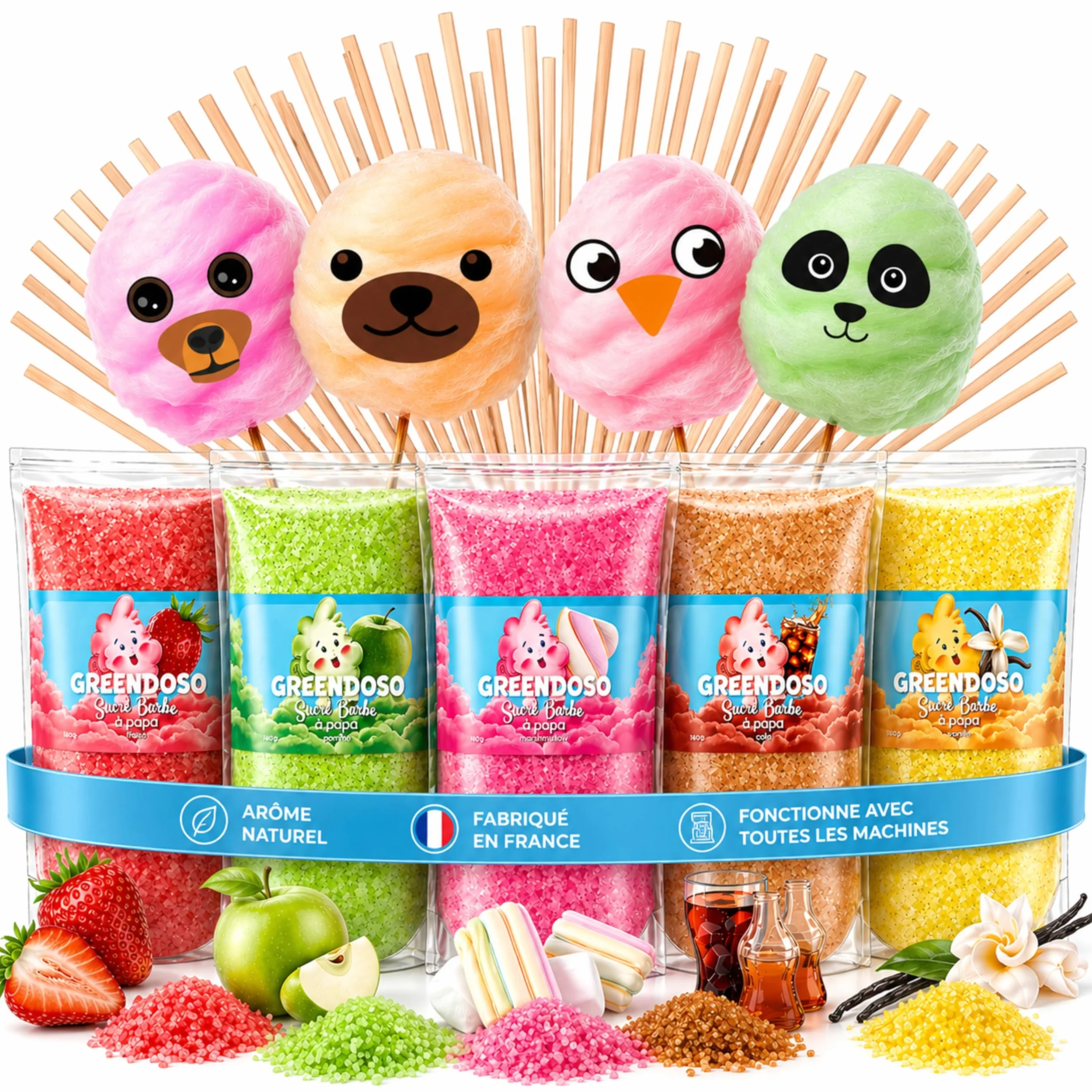 GREENDOSO® Sucre Barbe à Papa pour Machine (5x300 gr) – Arômes Naturels – Lot de 5 Goûts (Fraise/Cola/Pomme/Marshmallow/Vanille) – 50 Bâtonnets