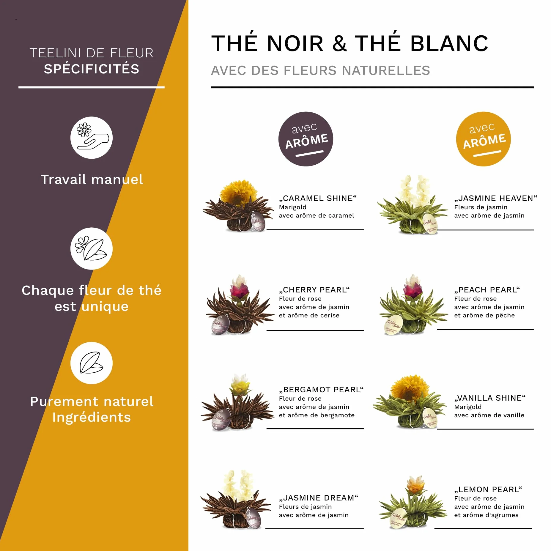 Creano Coffret Teelini 12 pcs – Boîte en Bois avec Fleurs de Thé Blanc & Noir en Portion de Tasse – 8 Variétés – Idée Cadeau Durable & Bureau