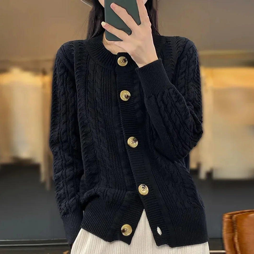 Alloaone Cardigan Ample Femmes Col Rond Manches Longues Pull Torsadé