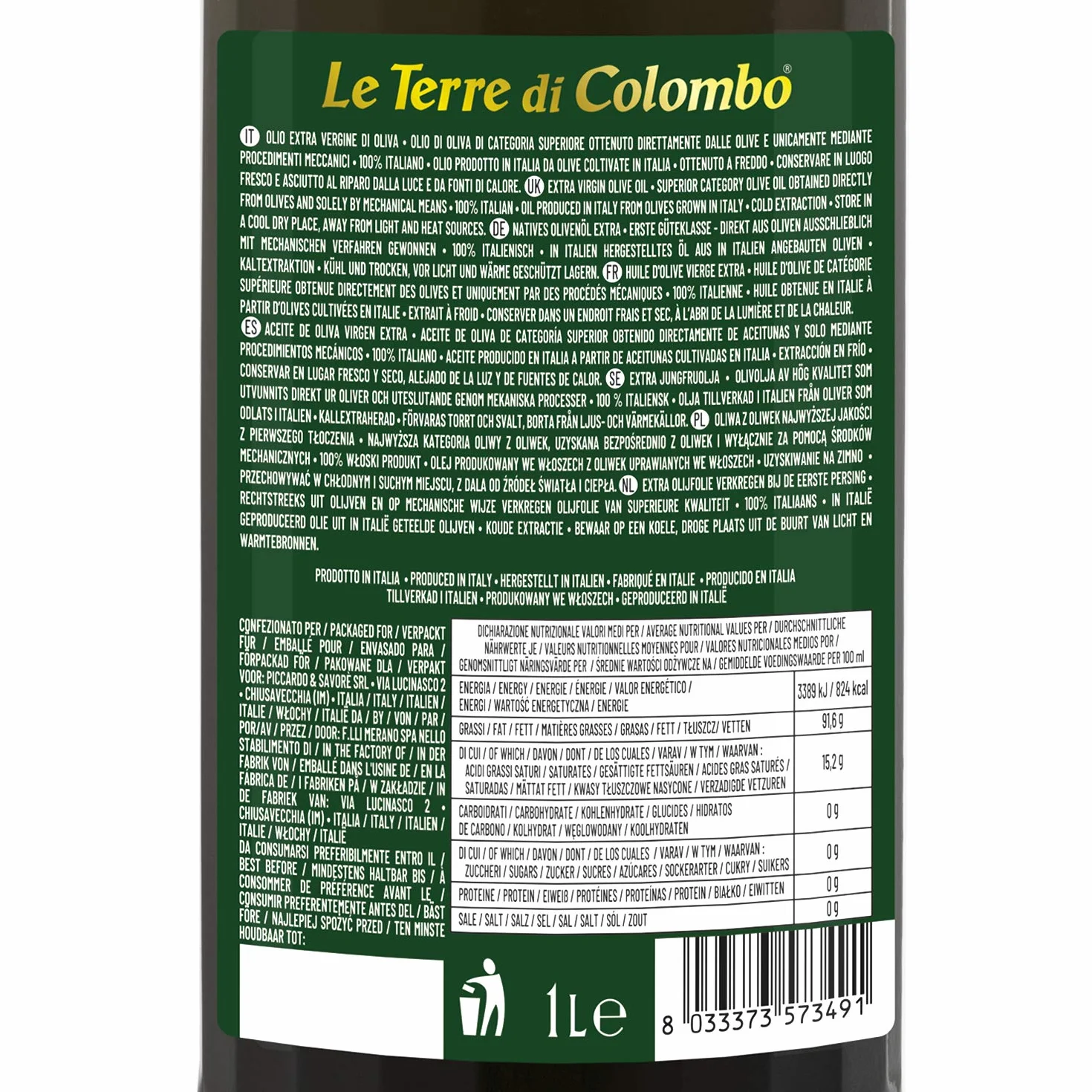 Le Terre di Colombo – Bouteille d'Huile d'Olive Extra-Vierge 100 % Italienne avec Bouchon Mécanique - Bouteille nervurée - 1 L