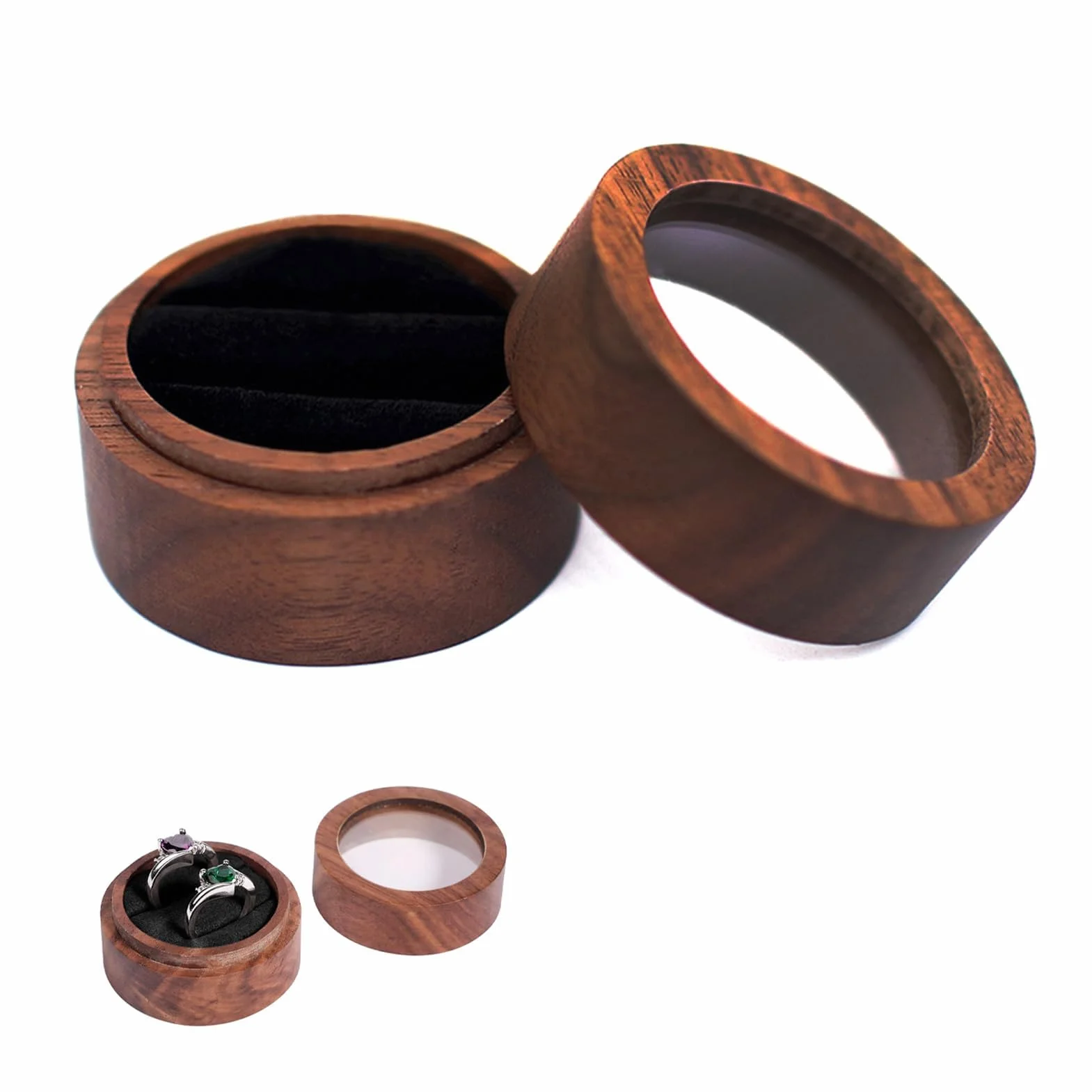 Ecrin Bague en Bois Rond pour 2 Bagues, Boite Alliance Mariage, Fabrication Artisanale