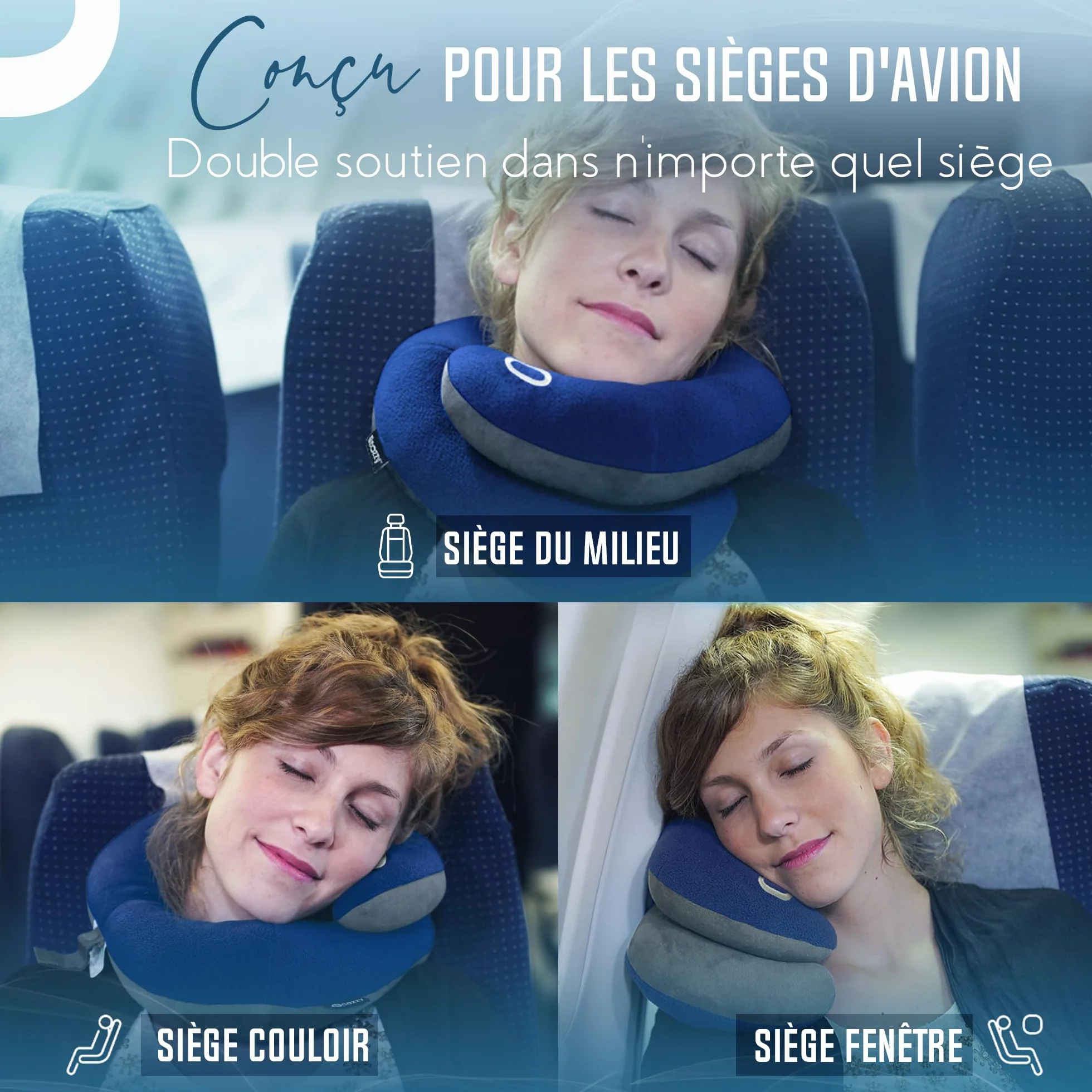 BCOZZY Oreiller Cervical Voyage Double Soutien Tête Cou Menton Lavable Taille Large Bleu Marine