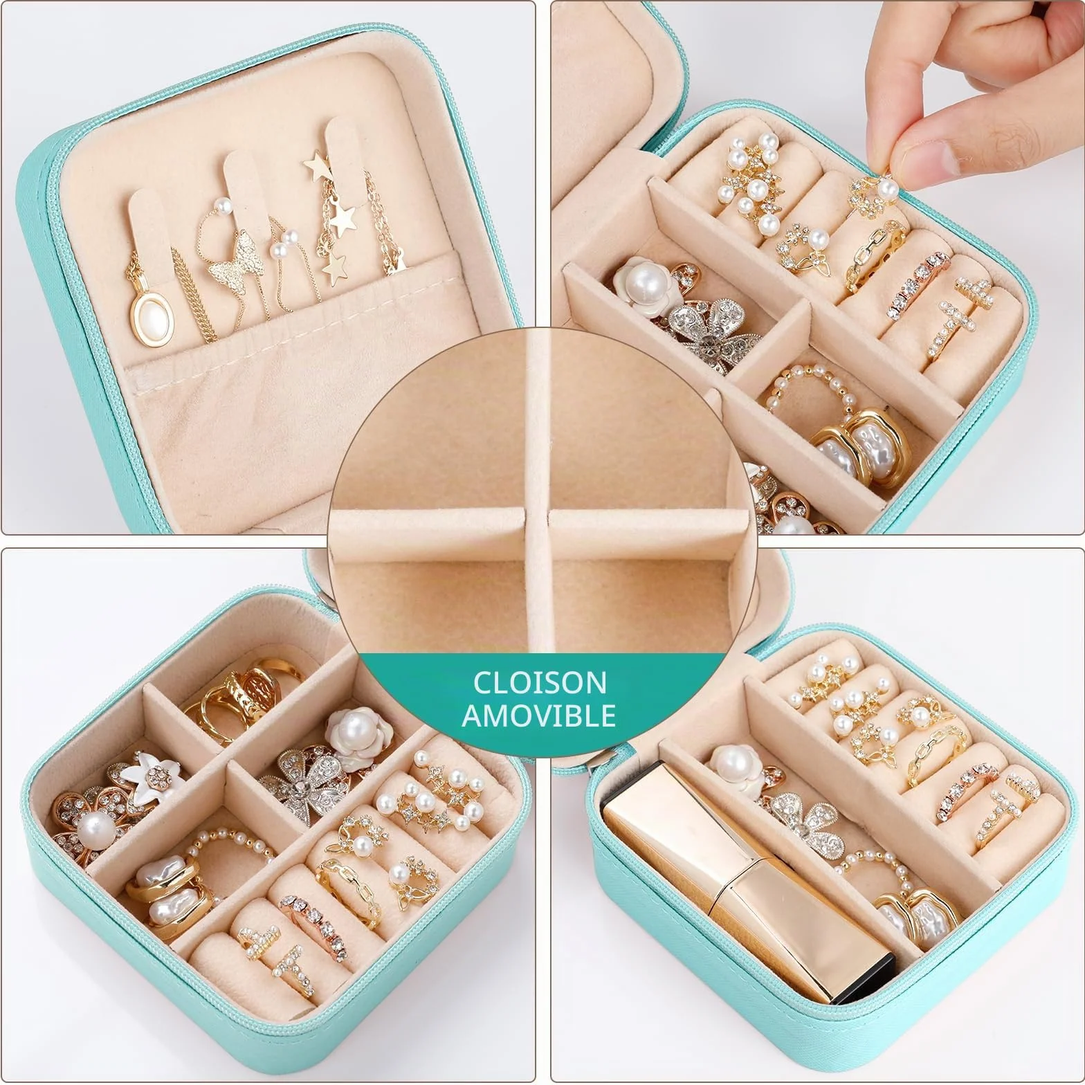 AiQInu Boîte à Bijoux de Voyage, Petite Coffret PU-Leder Rangement pour Bagues, Boucles, Colliers (Bleu)
