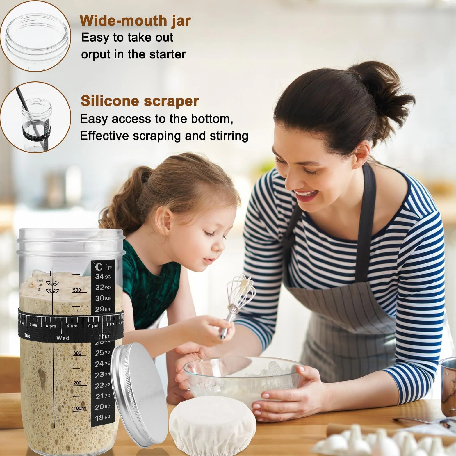 Kit Pain au Levain 730 ml – 8 pièces incluant bocal en verre, récipient de fermentation, spatule, ruban de marquage, couvercle en tissu cousu – Parfait pour le démarrage du levain